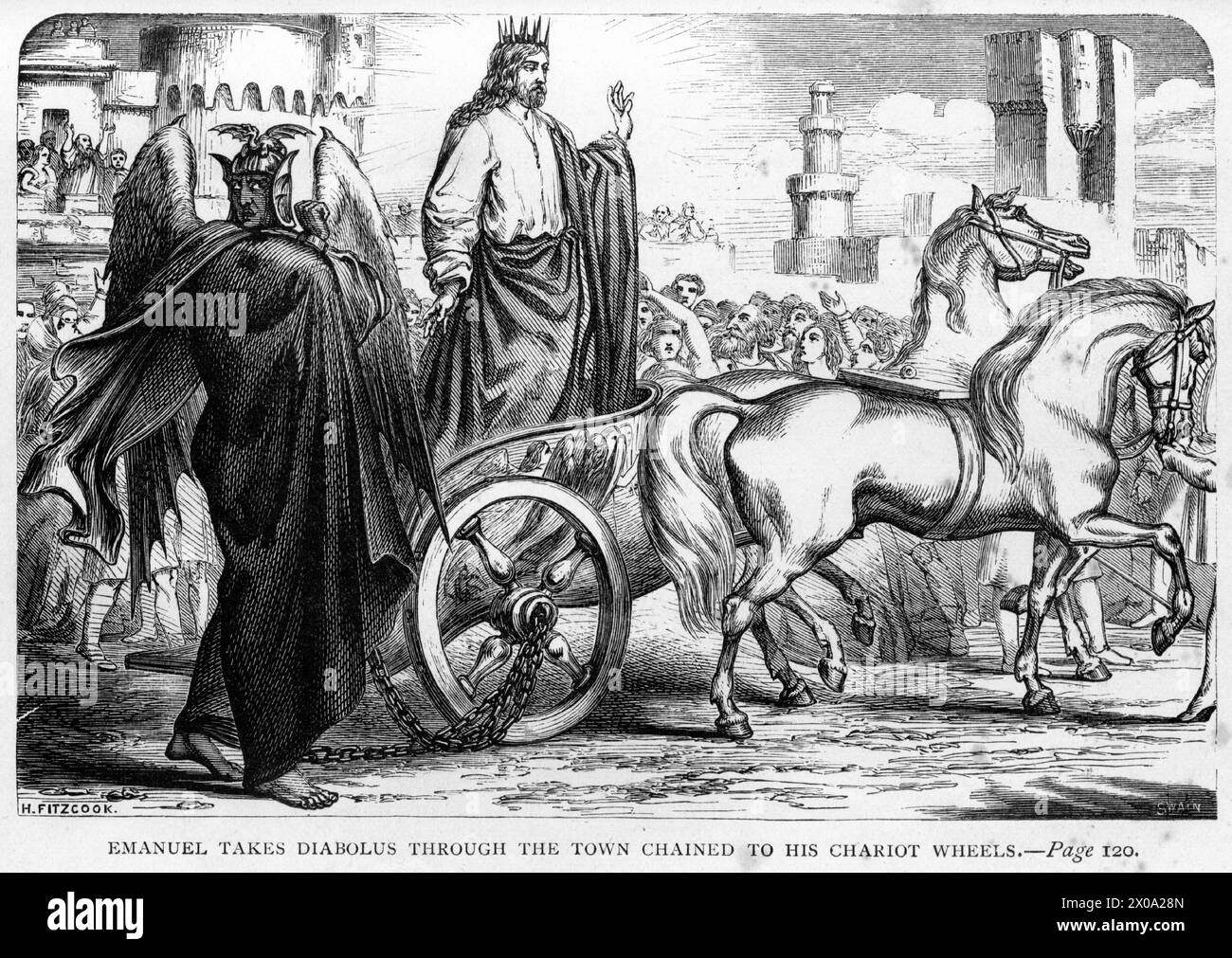 Incisione di Emanuel che porta Diabolus attraverso la città incatenato alle sue ruote di carri, illustrazione della guerra Santa, di John Bunyan Foto Stock