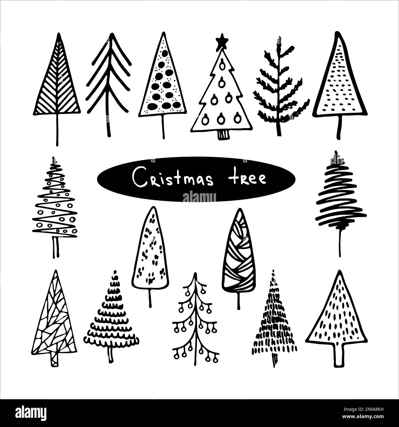 Set di vettori per alberi di Natale disegnati a mano. Immagine disegnata con inchiostro a forma di doodle. Graziosa collezione astratta di agnelli di natale di conifere di pino Illustrazione Vettoriale