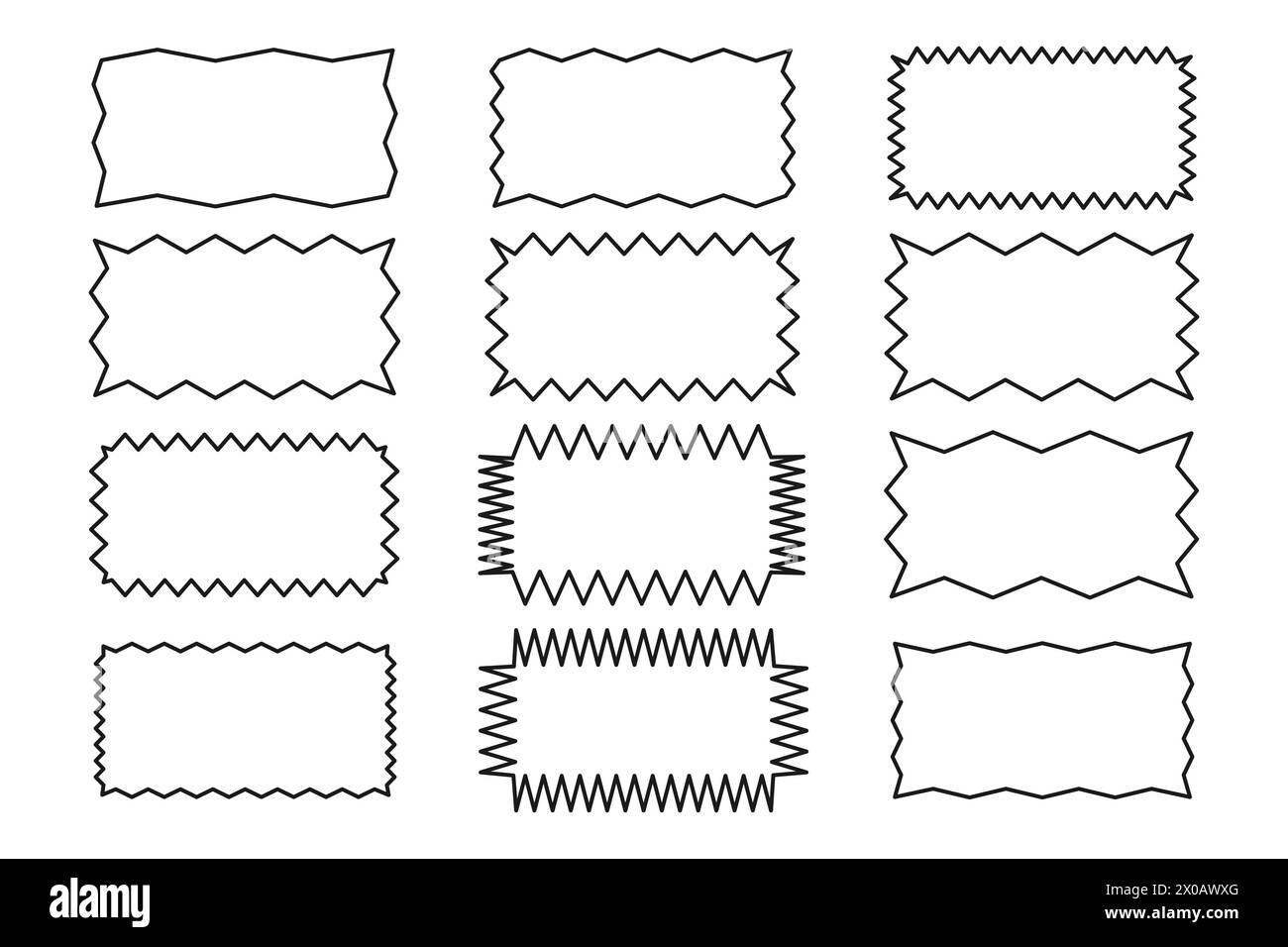 Contorno di un rettangolo frastagliato. Una serie di bordi rettangolari con un bordo zigzag irregolare. Colore nero. Elementi di progettazione per casella di testo, pulsante, icona, tag, b Illustrazione Vettoriale
