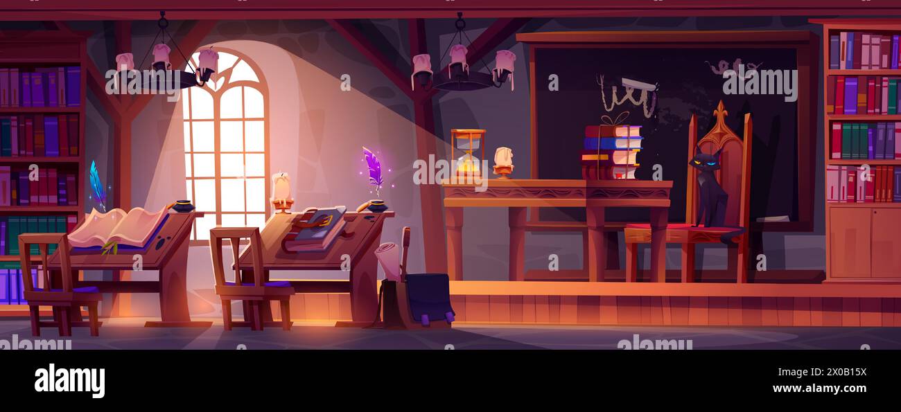 Interno della scuola magica per lo studio di maghi e streghe. Classe medievale con cartoon vettoriale con mobili e attrezzature - scrivania e sedia, lavagna e libri, inchiostro con piuma, insegnante di gatto nero. Illustrazione Vettoriale