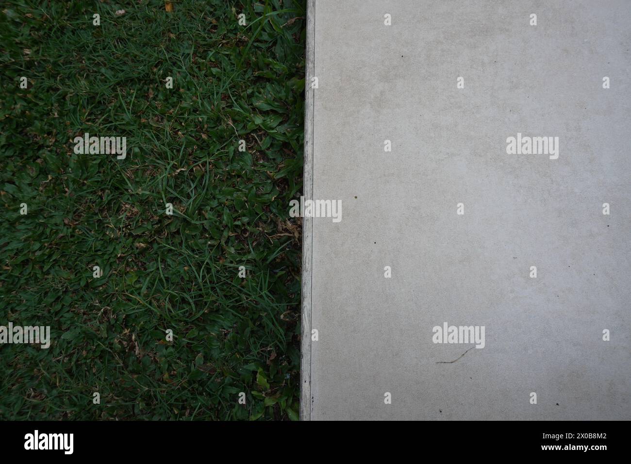 Uno sfondo a sinistra è l'erba e a destra è un pavimento liscio grigio chiaro Foto Stock