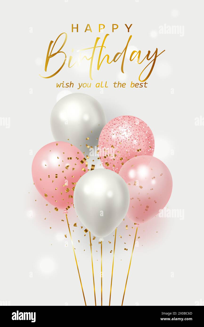 Festeggia palloncini realistici con scintille d'oro e coriandoli scintillanti. illustrazione vettoriale 3d. Illustrazione Vettoriale