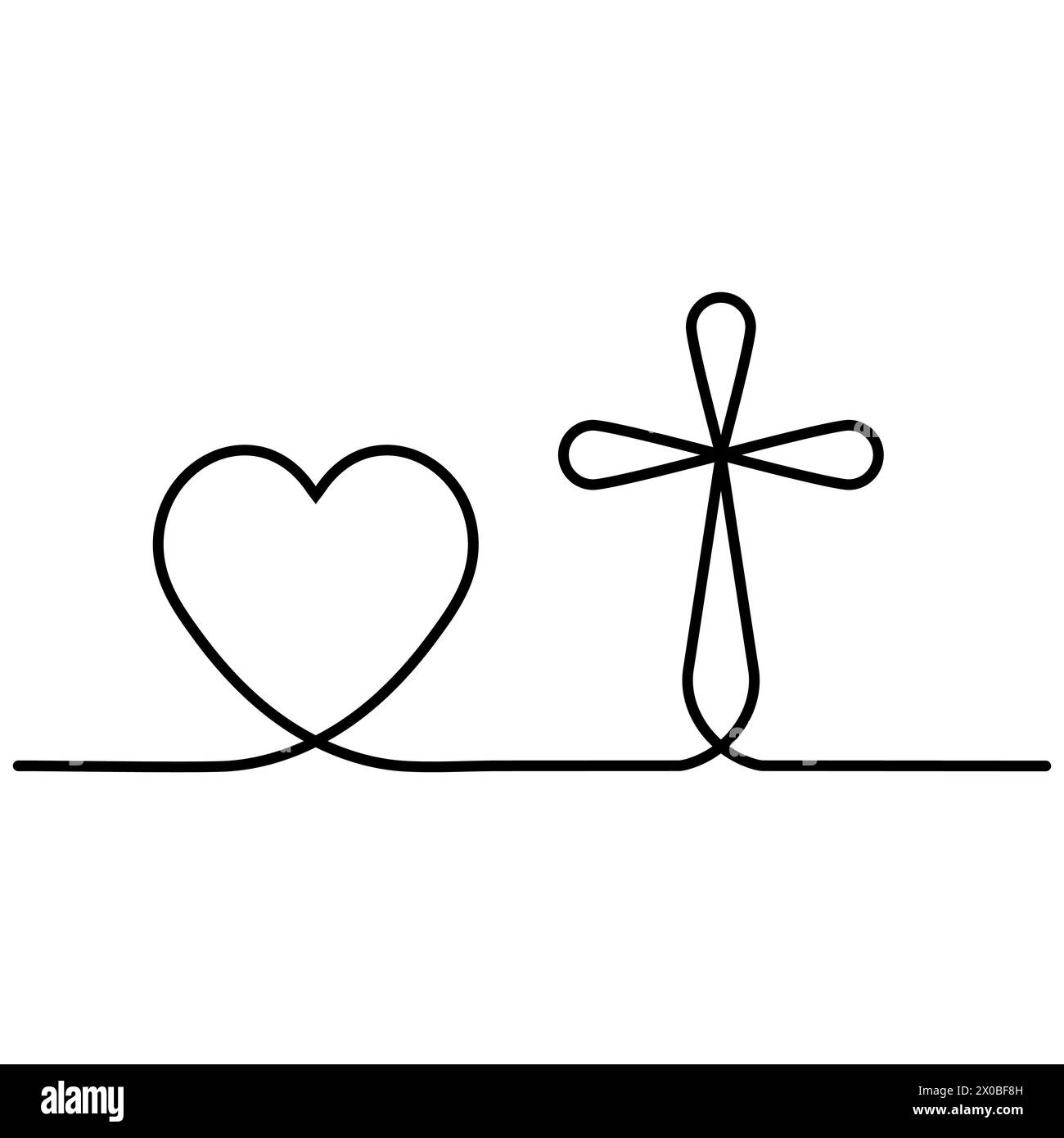Icona del tatuaggio di Dio amore, croce del cuore disegnata in una riga Illustrazione Vettoriale