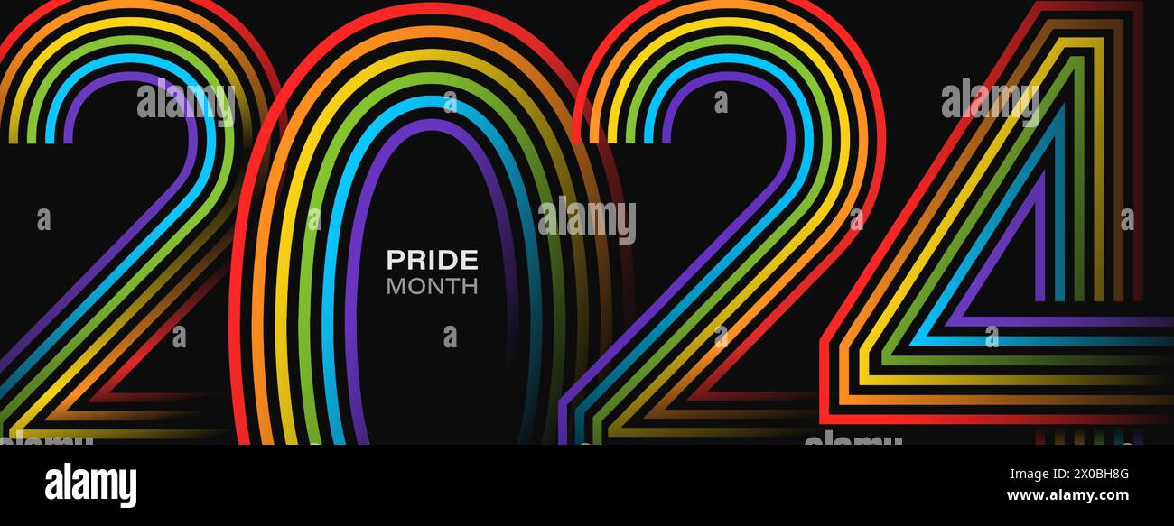 Pride Month 2024 sfondo banner con disegno tipografico a colori arcobaleno, concetto gay lgbt, design vettoriale Illustrazione Vettoriale