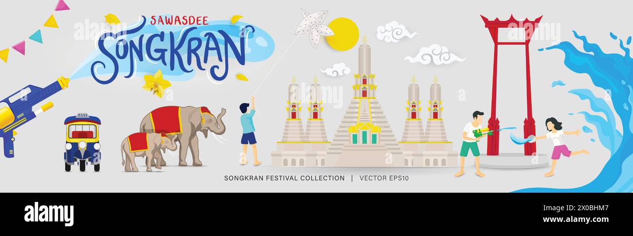 Sfondo per banner del festival Songkran con set di elementi di decorazione culturale Tailandia e un design d'angolo che spruzza acqua Illustrazione Vettoriale