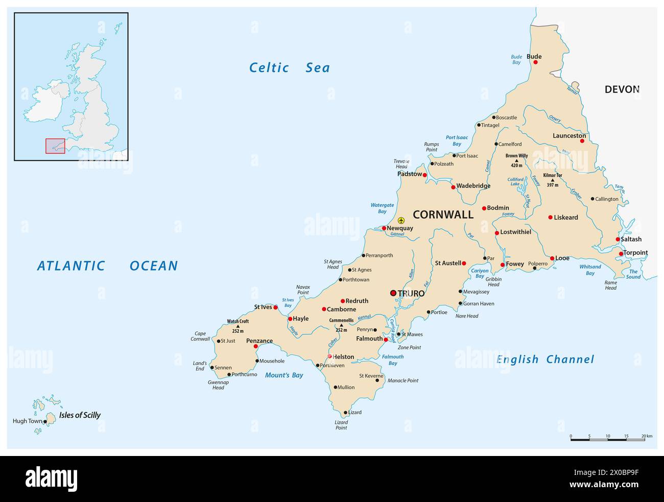 mappa vettoriale della cornovaglia e delle isole scilly regno unito Foto Stock