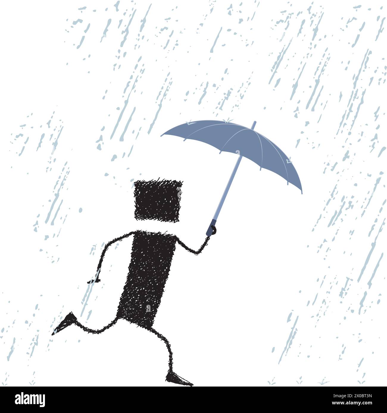 Un bastone cammina sotto la pioggia protetta da un ombrello. Illustrazione Vettoriale