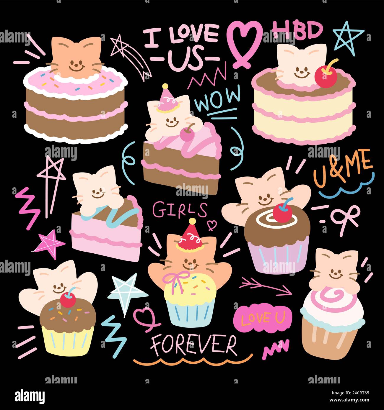 Torte, cupcake e illustrazione di gatto per icone di compleanno, cartoni animati, personaggio, peluche, bambola, dolce dolce, caffetteria, cartoncino, stampa, patch, adesivi, pet Illustrazione Vettoriale