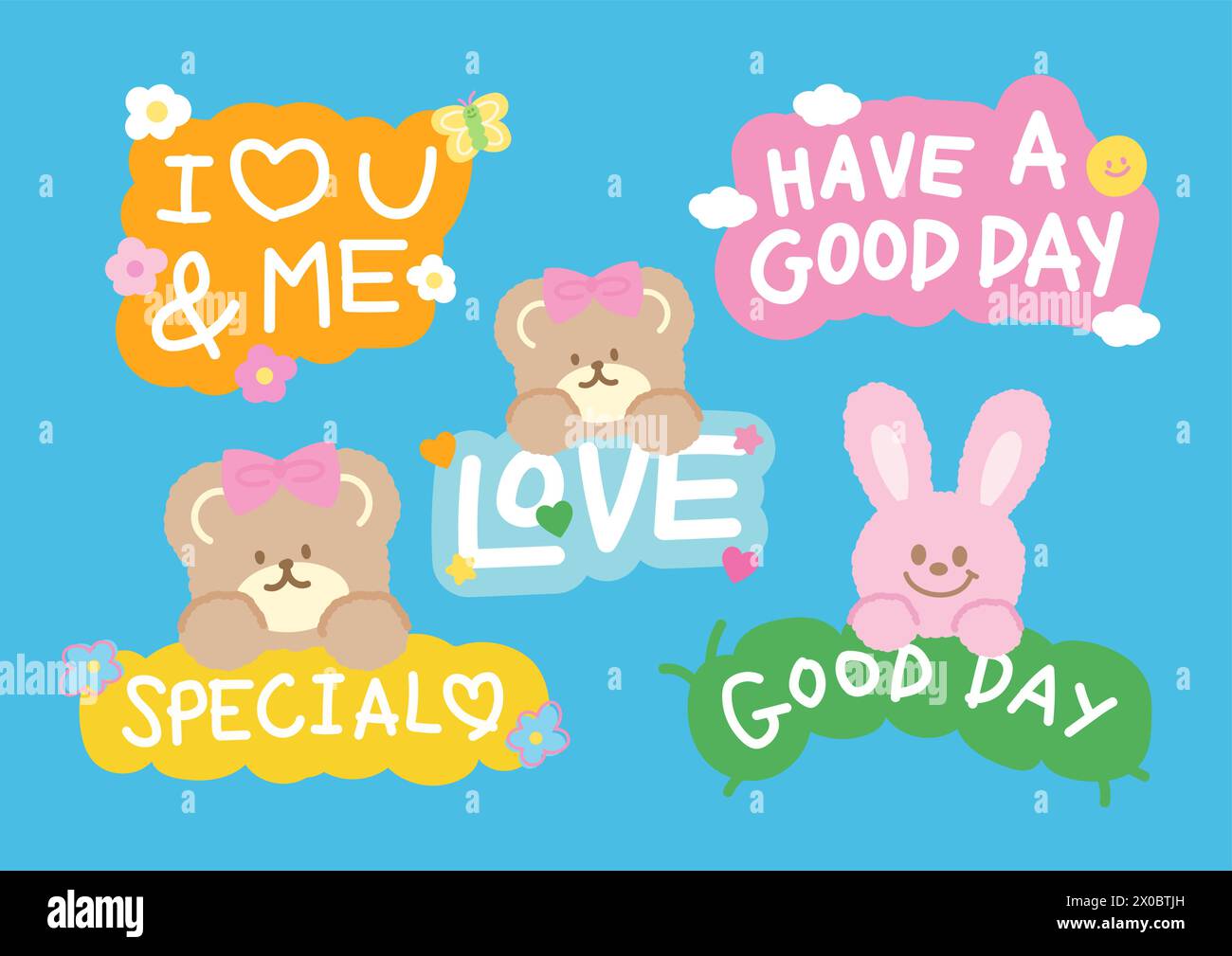 Graziosi disegni di badge di i Heart YOU and ME, Have a Good Day, Specials, Love, Good Day, with Teddy Bear and Bunny for patches, spilla, adesivi per animali Illustrazione Vettoriale