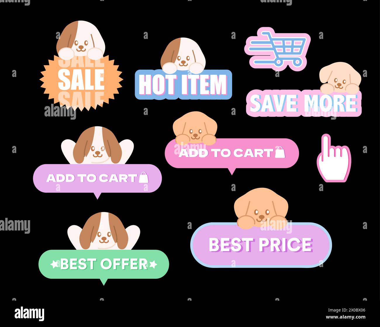Icone di vendita per cuccioli come articoli caldi, risparmia di più, aggiungi al carrello, miglior prezzo per lo shopping online, promozione, carta, stampa, badge di sconto, marketing, animali Illustrazione Vettoriale