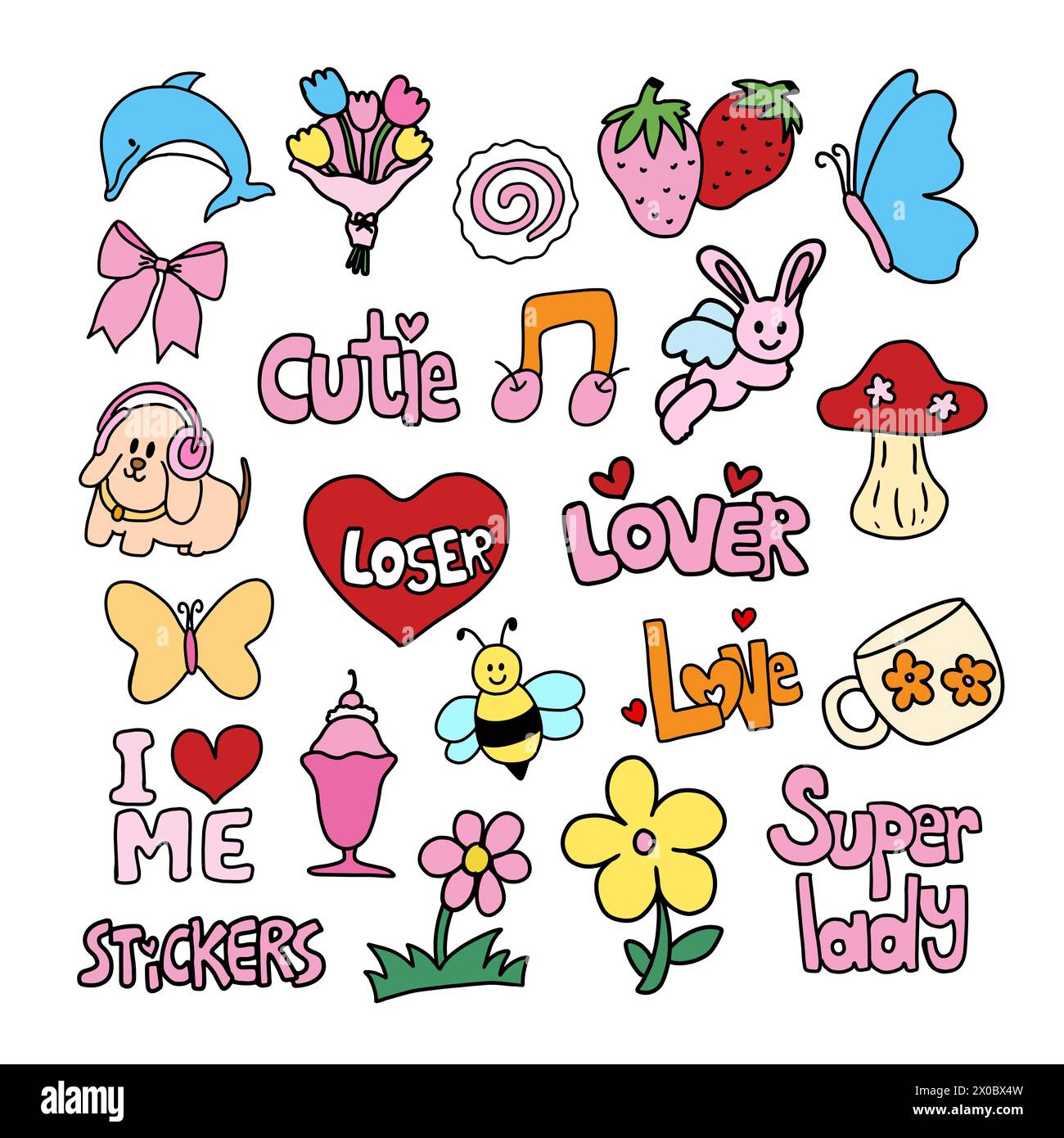 Elementi disegnati a mano di delfino, nastro rosa, farfalla, fragola, coniglio, funghi, cane, fiori, gelato per cartoni animati, carattere, estate, bambino, icona Illustrazione Vettoriale