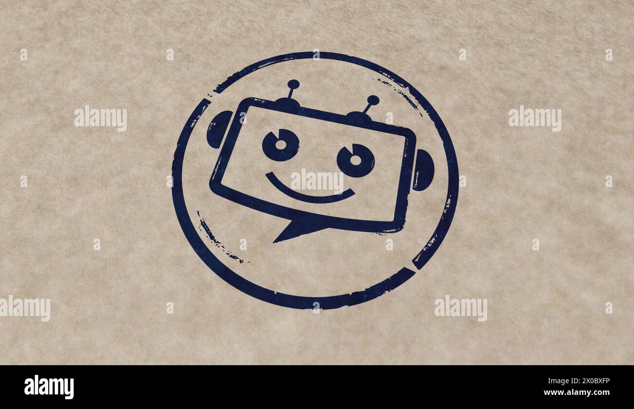 Icone di timbro chatbot ai bot in poche versioni a colori. L'intelligenza artificiale supporta l'illustrazione di rendering 3D con il concetto di simboli robotici. Foto Stock