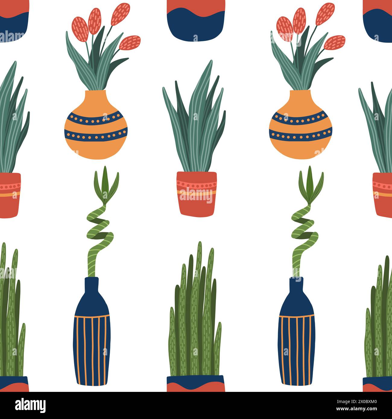 Motivo vettoriale senza cuciture con piante da interno in vasi e vasi - bambù, sansevieria, lingua di serpente, fiori di tulipani rossi . Le piante in vaso repit Illustrazione Vettoriale