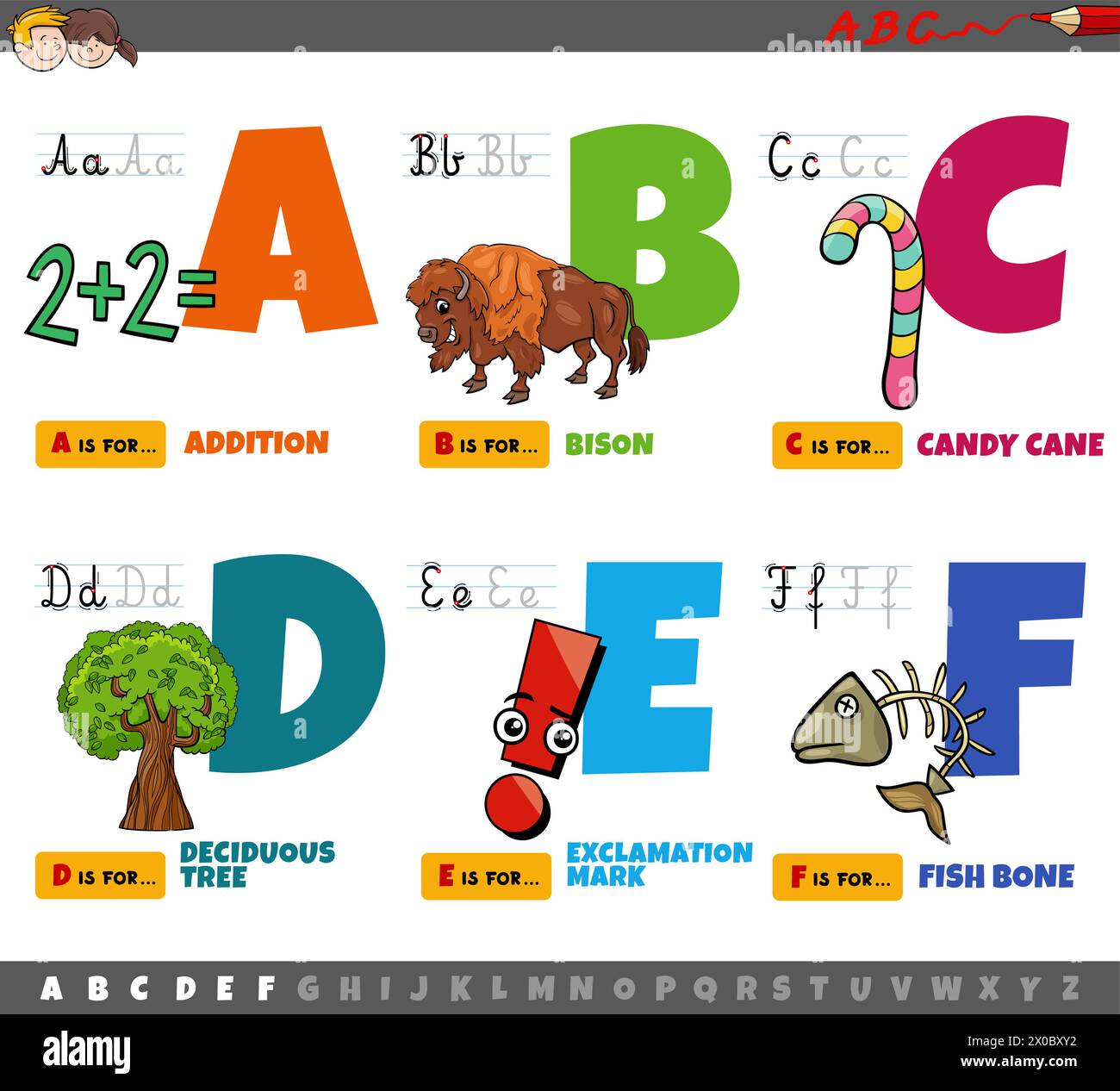 Illustrazione cartoon di lettere maiuscole da alfabeto educativo set per Pratica di lettura e scrittura per bambini da A a F. Illustrazione Vettoriale