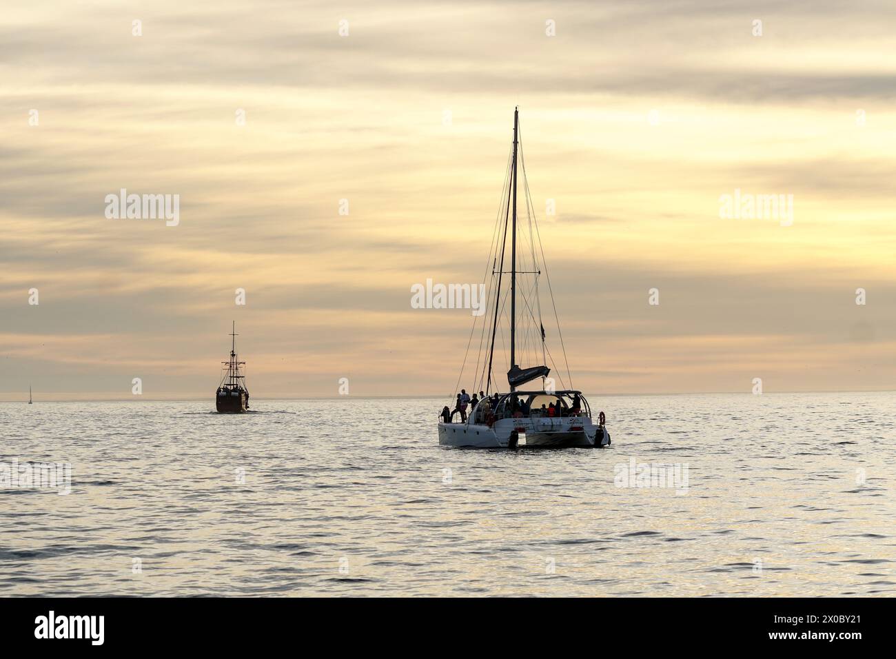 Crociera al tramonto con champagne, Table Bay, città del Capo, Sud Africa, serate di mare calme con yacht e viaggi e turismo in barca Foto Stock
