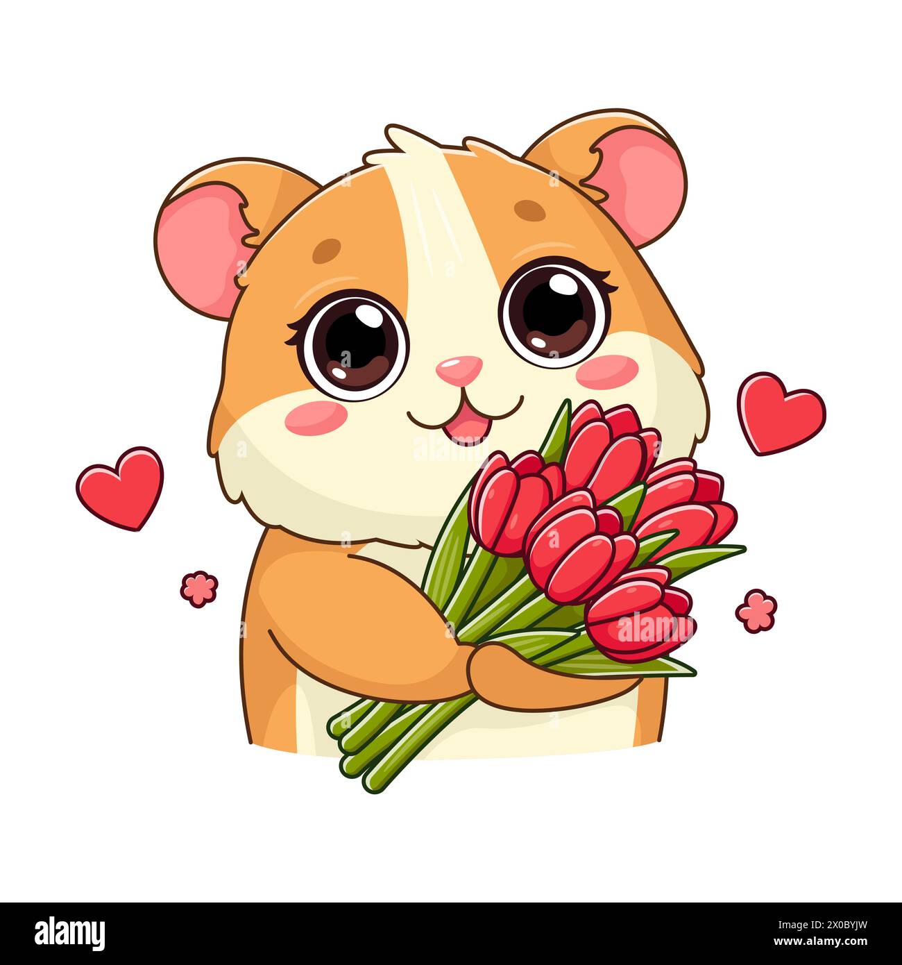 Adesivo con un grazioso criceto che regge un bouquet di tulipani rossi. Adorabile personaggio sorridente in stile cartoni animati. Estate, fiori primaverili. Illustrazione vettoriale isol Illustrazione Vettoriale