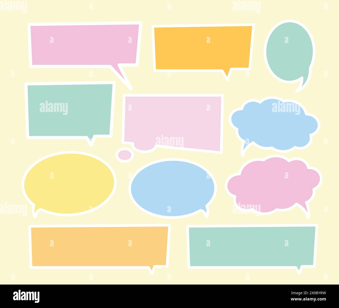 Bolle di testo con sfondo pastello per fumetti, fumetti, comunicazioni, adesivi, decorazioni, social media, stampa, modello di annuncio, manga, messaggio, discorso Illustrazione Vettoriale
