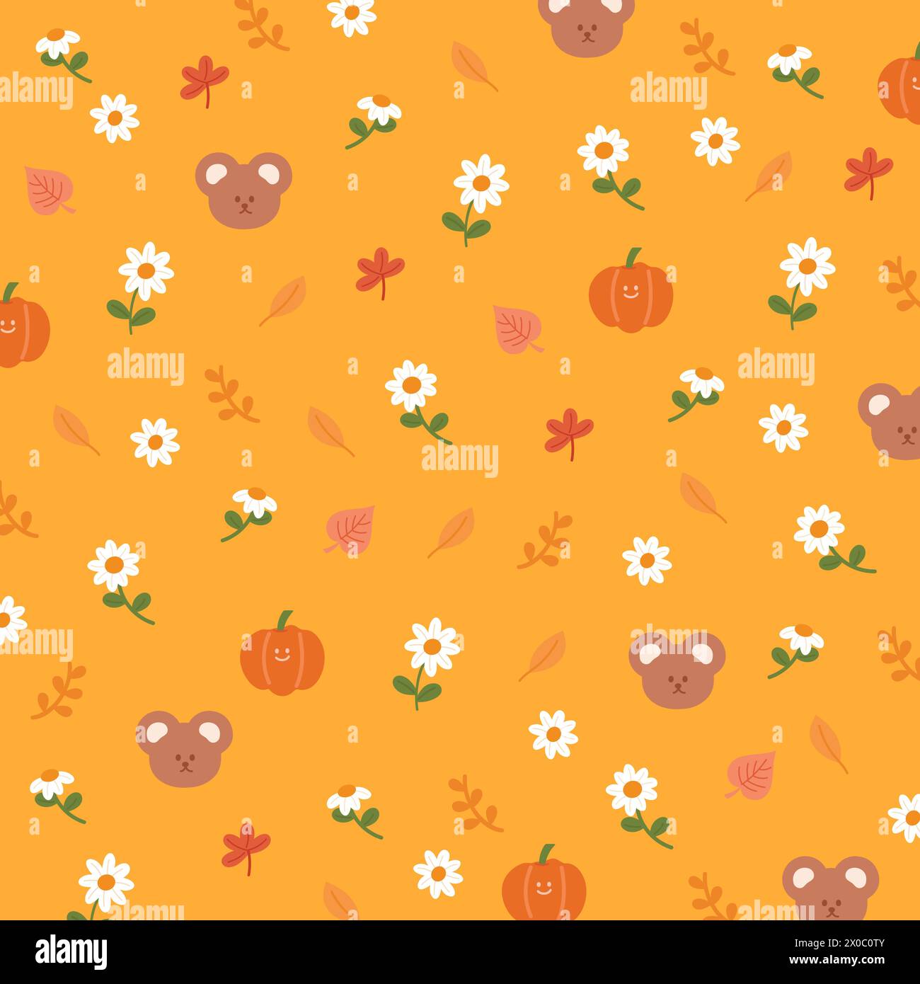 Illustrazioni autunnali di orsacchiotto, zucca, fiori e foglie su sfondo arancione per carta da parati animale, stampa in tessuto, motivo floreale, abiti per bambini Illustrazione Vettoriale