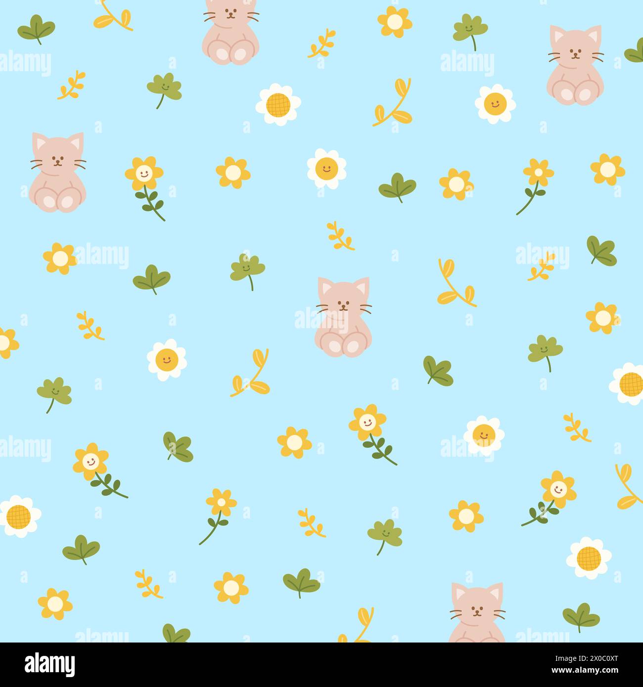 Illustrazioni autunnali di gatto, fiori e foglie su sfondo blu pastello per carta da parati animali, stampa in tessuto, motivo floreale, tessuti, vestiti per bambini Illustrazione Vettoriale