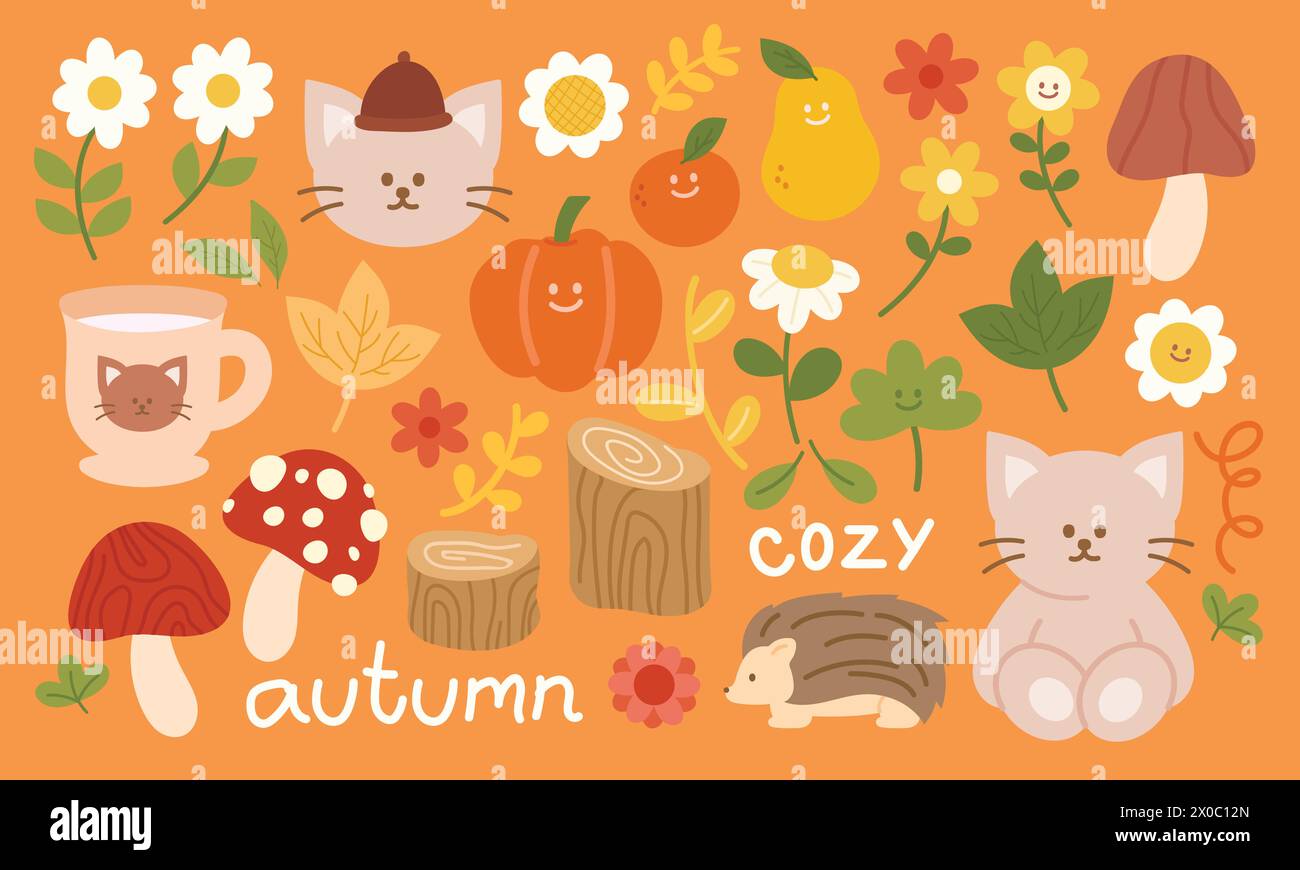 Illustrazioni autunnali di gatto, zucca, fiori, piante, foglie, legno di legno, ricci, funghi, bevanda accogliente per icone autunnali, cartoni animati, personaggi Illustrazione Vettoriale