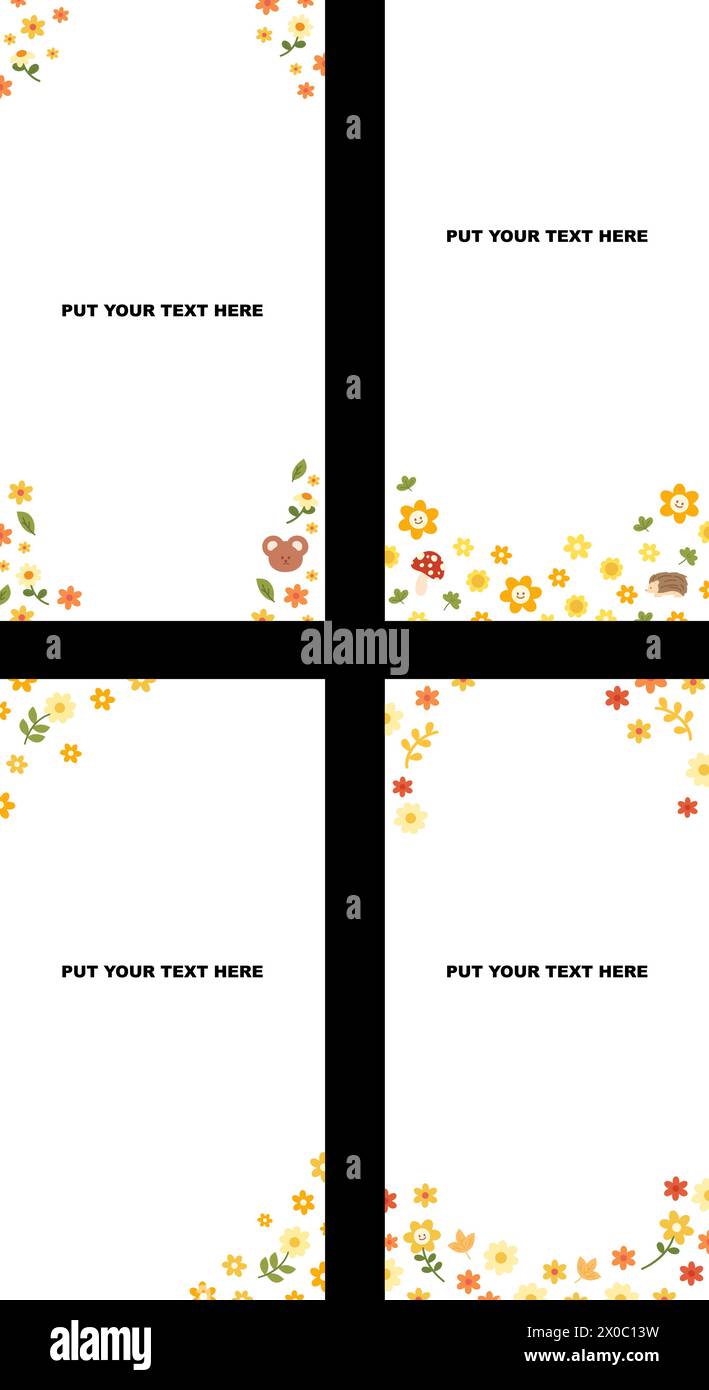 Modello verticale autunnale con fiori autunnali, foglie, orsacchiotto, ricci, funghi per annunci pubblicitari, banner, cornice, business, presentazione, marketing Illustrazione Vettoriale