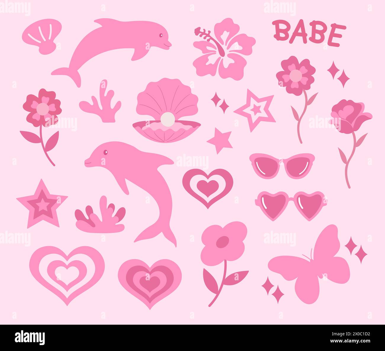 Illustrazioni rosa disegnate a mano di ibisco, rosa, fiori, conchiglie di perle, delfino, farfalla, cuore, occhiali da sole, stella per adesivi carini, animale Illustrazione Vettoriale