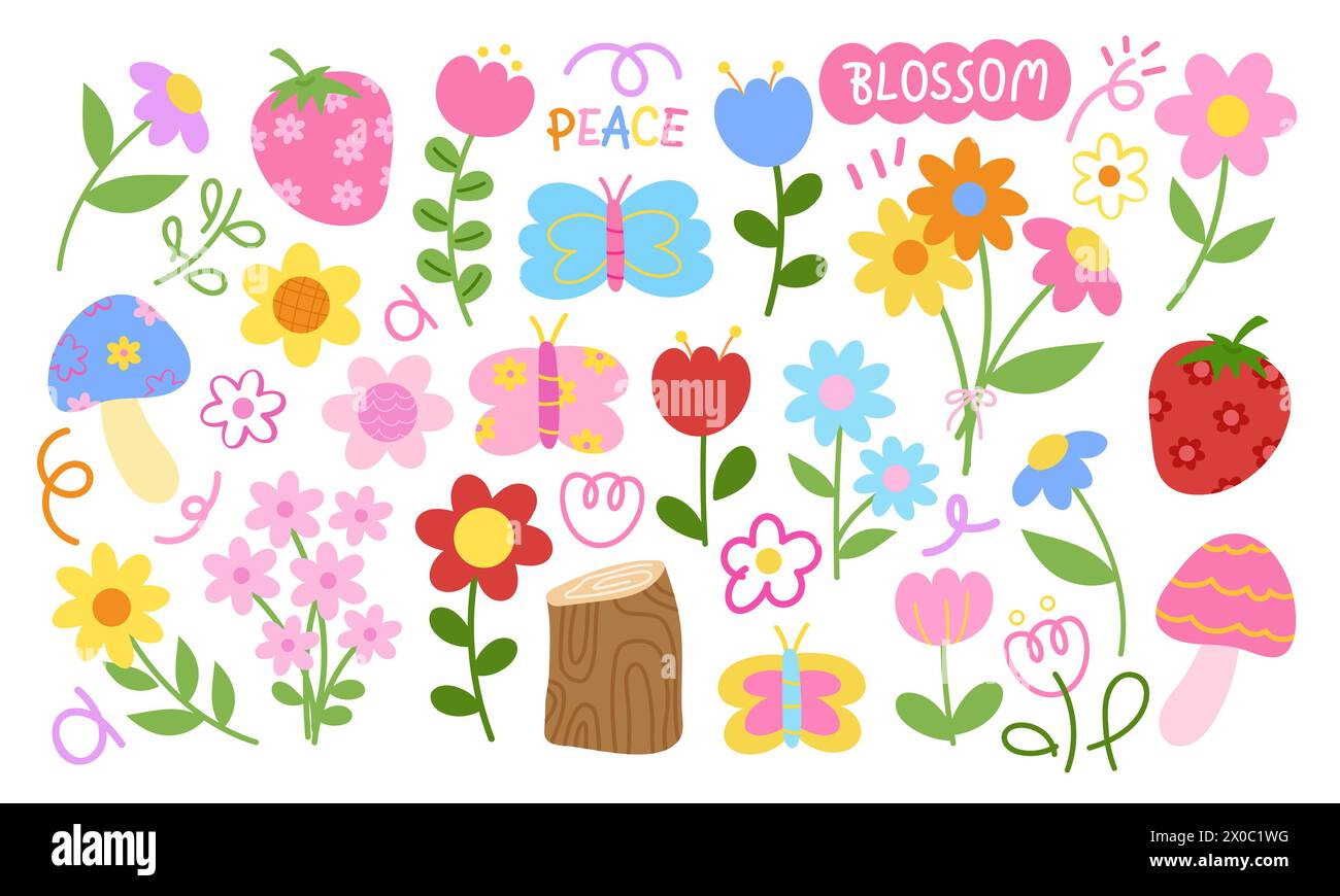 Illustrazioni di fiori, fragole, farfalle, funghi, elementi per fiori, natura, giardino, primavera, estate, frutta, icone pastello, logo Illustrazione Vettoriale