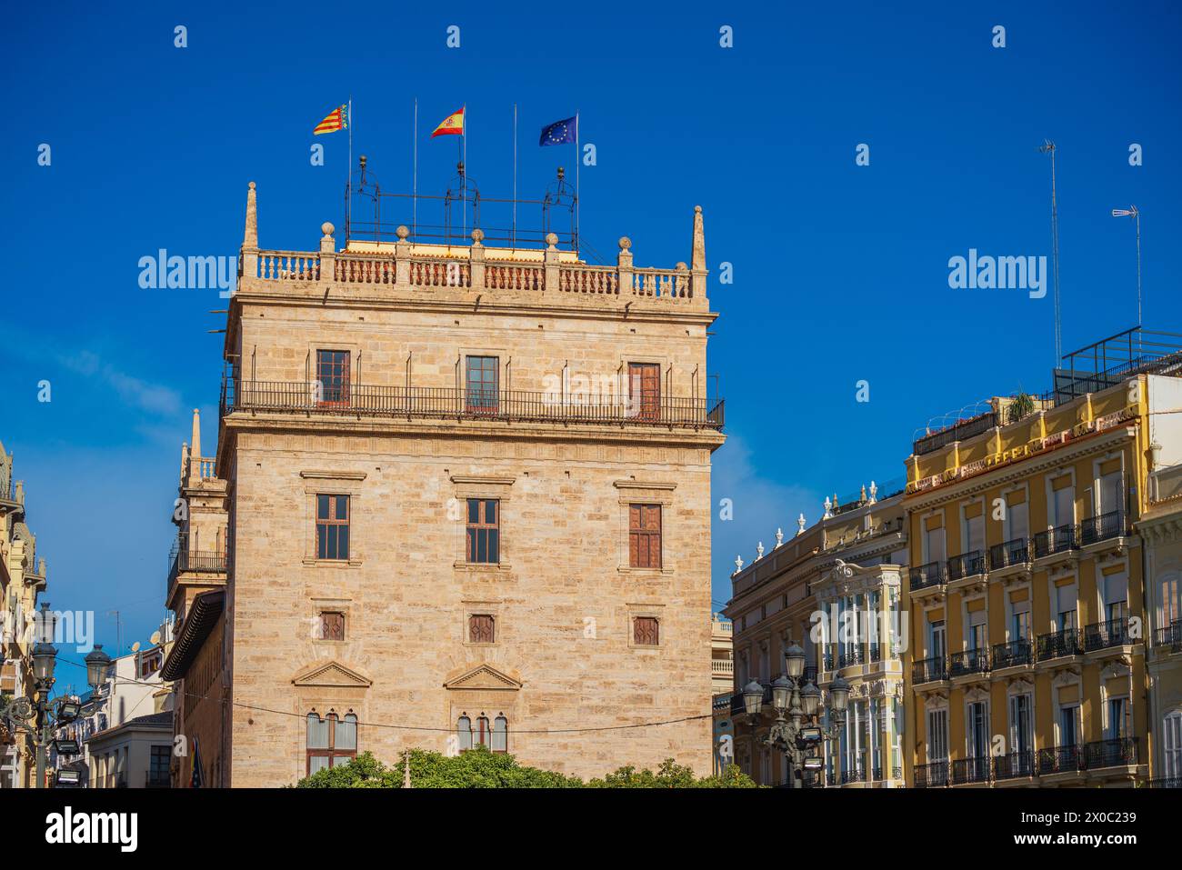 Valencia, Spagna. Vista del Palau de la Generalitat Valenciana nel quartiere Ciutat Vella Foto Stock