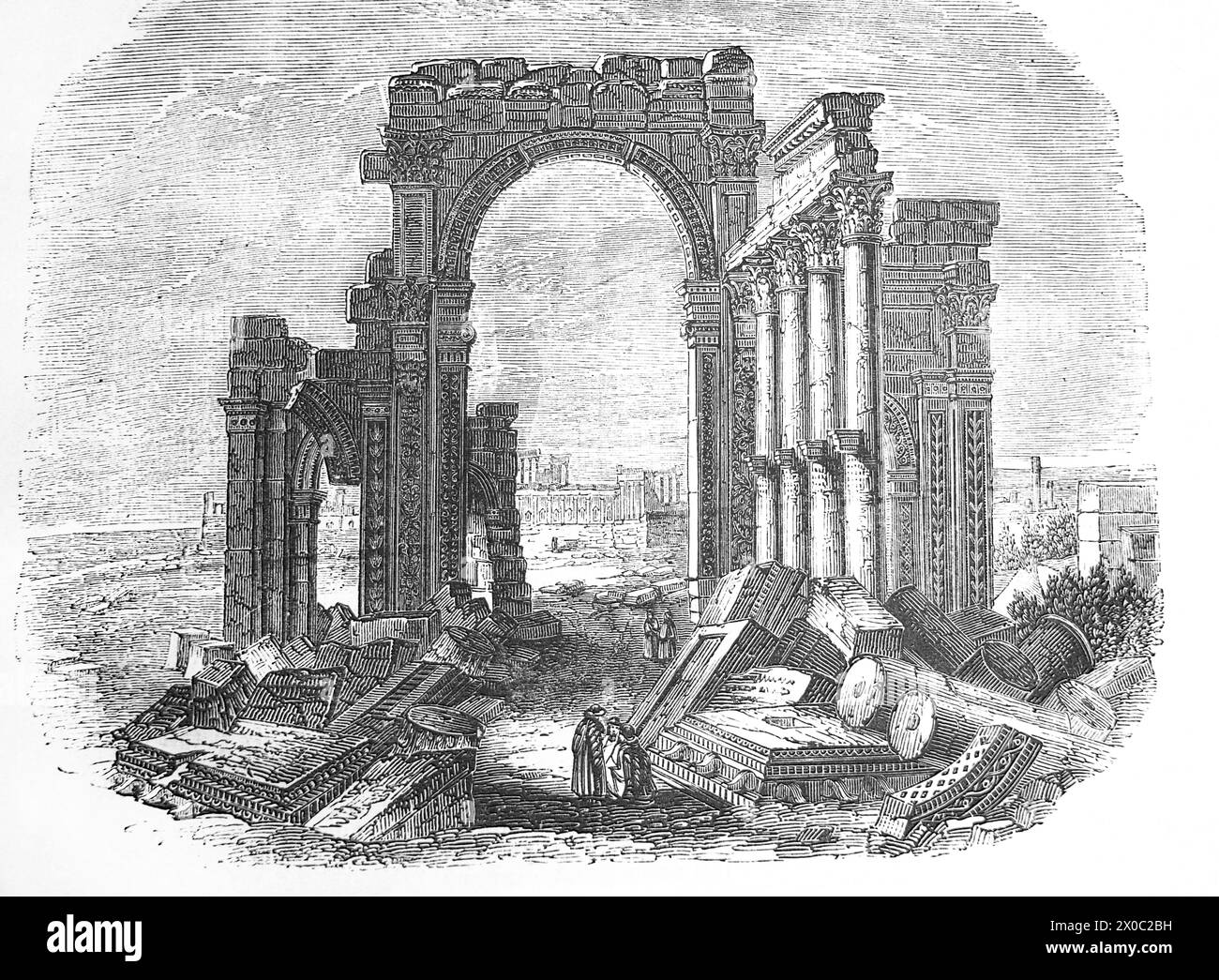 Incisione in legno dell'Arco Monumentale e Colonnato a Palmira (che è stata distrutta da Iside nel 2015) nella Bibbia Antica illustrata della famiglia Foto Stock