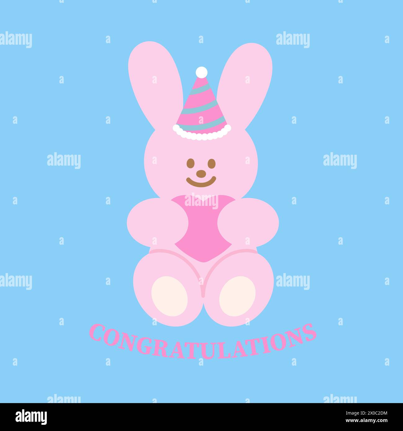 Illustrazione di coniglietto rosa, cappello da festa, cuore e lettere DI CONGRATULAZIONI su sfondo blu pastello per cartolina, stampa, carta da parati, cartone animato, pasqua Illustrazione Vettoriale