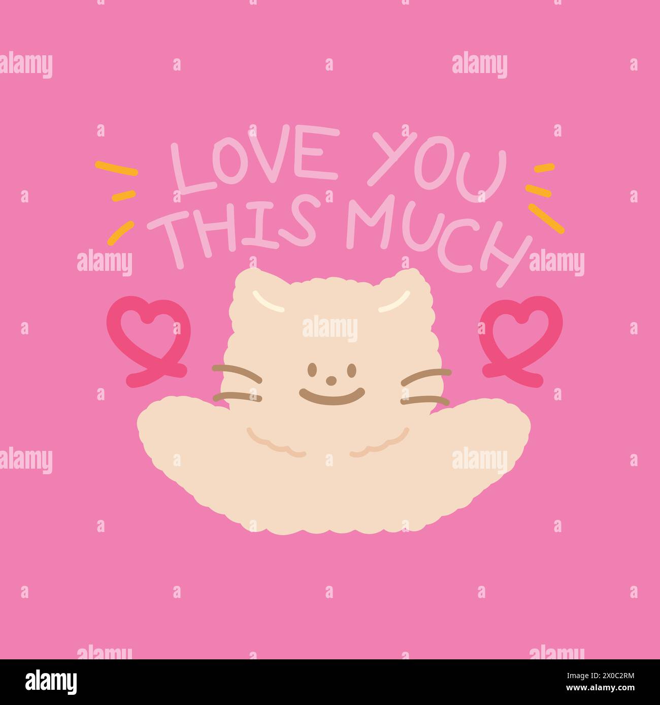 Illustrazione di un gatto con il cuore e TI AMA COSÌ TANTE lettere su uno sfondo rosa pastello per la carta di San Valentino, l'adesivo d'amore, animale, animale, carta da parati Illustrazione Vettoriale