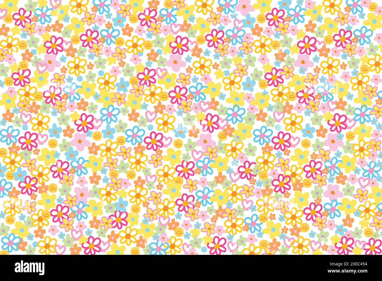 Sfondo floreale colorato per la primavera, carta da parati estiva, stampa in tessuto, motivo floreale, abiti per bambini, tessuti carini, natura, giardino, design, sfondo Illustrazione Vettoriale