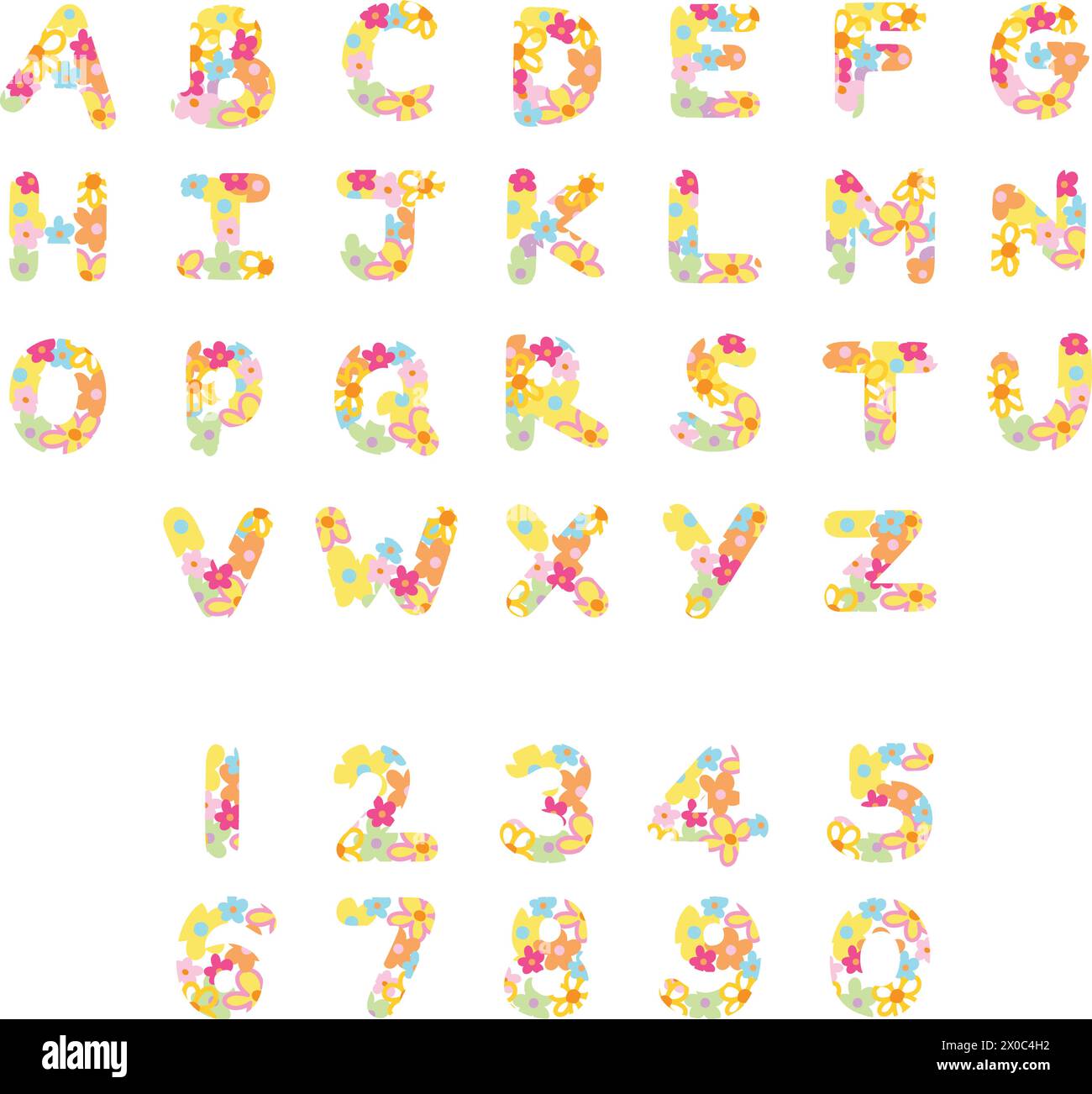 Lettere e numeri dell'alfabeto dalla a alla Z nel motivo floreale per caratteri carini, tipografia, iniziali, adesivi, logo della campagna, icona, calligrafia, stampa floreale Illustrazione Vettoriale