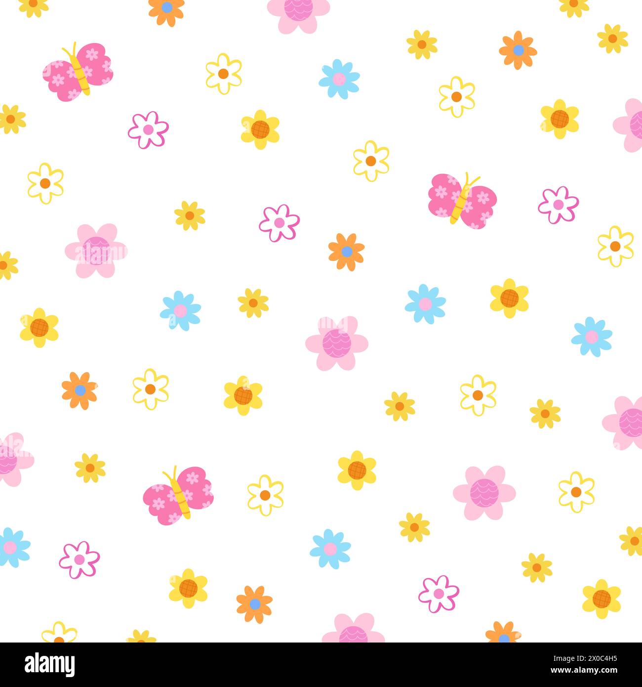 Fiori colorati e farfalla su sfondo bianco per carta da parati estiva, stampa in tessuto, motivo floreale, abiti per bambini, primavera, tessuti estivi, giardino Illustrazione Vettoriale