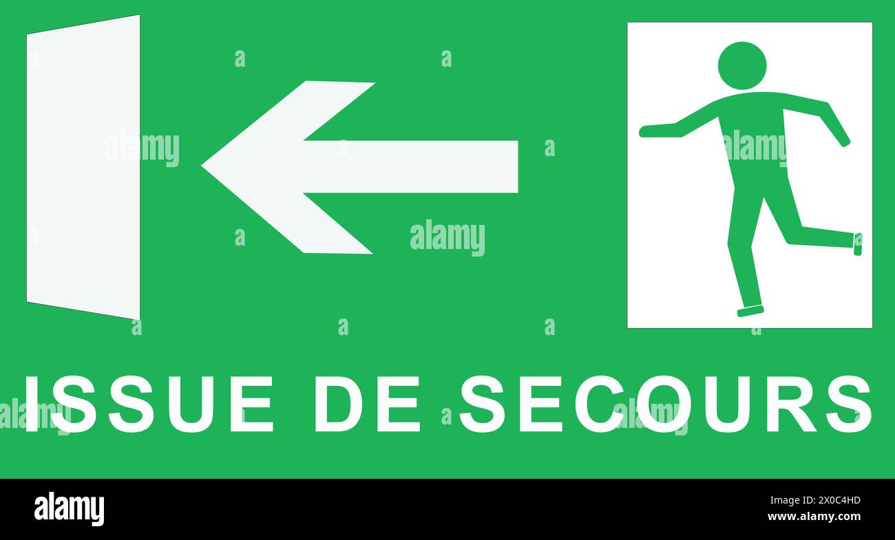 Segnale uscita di emergenza e testo francese su sfondo verde Illustrazione Vettoriale