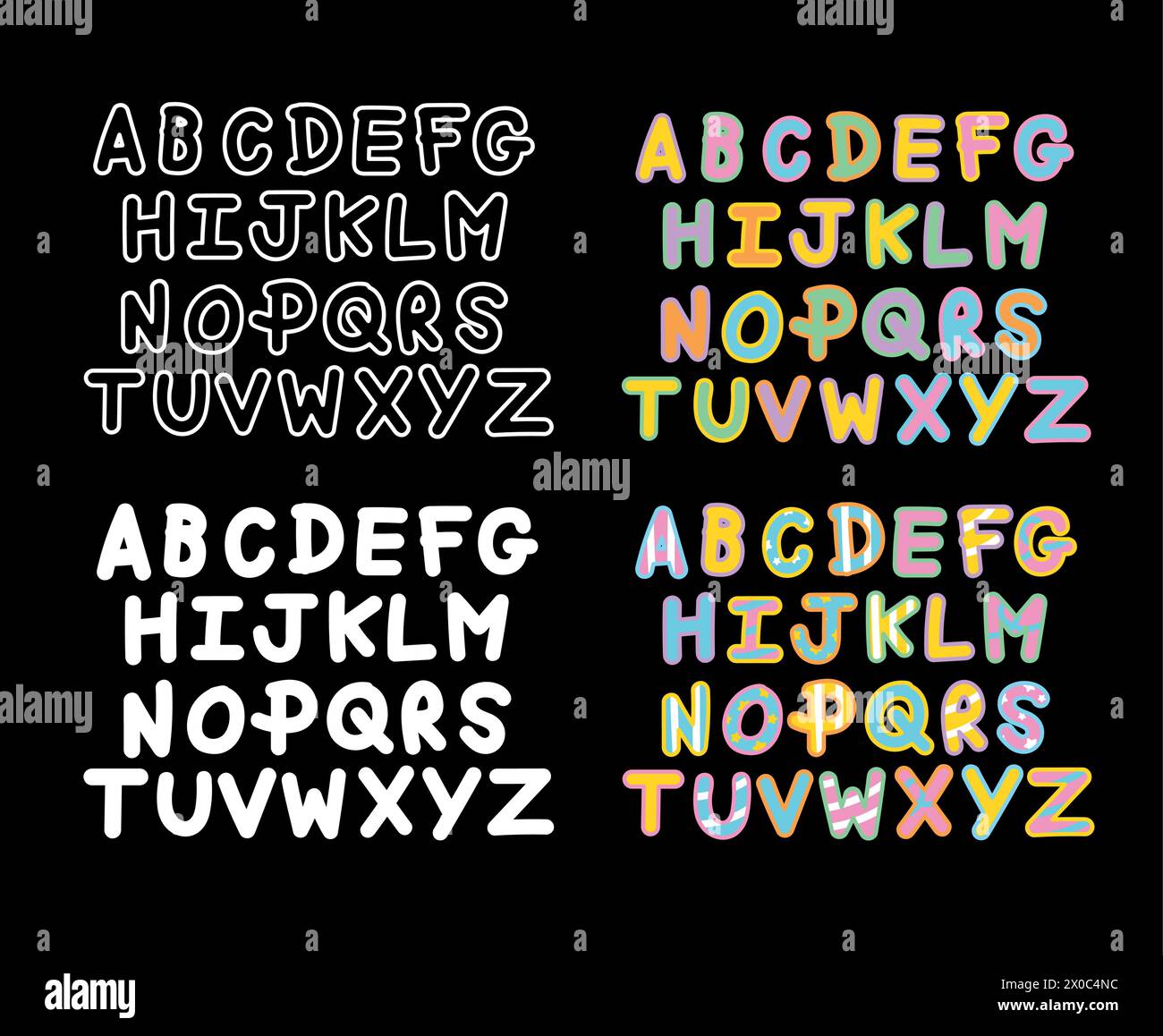 Lettere alfabetiche dalla a alla Z per caratteri carini, cartoni animati, tipografia, iniziali, adesivi, logo della campagna, icona, calligrafia, libro da colorare, contorni Illustrazione Vettoriale