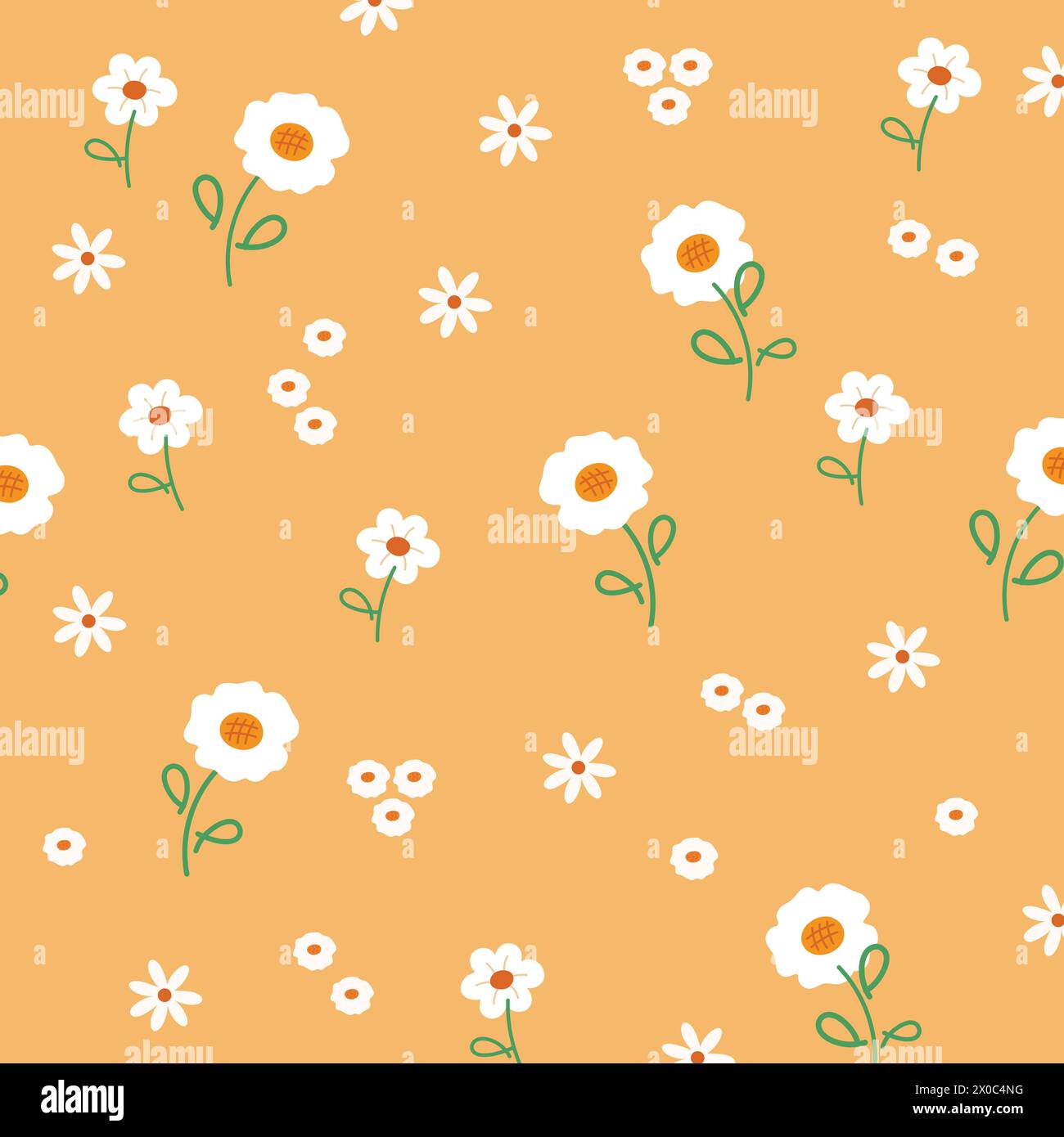 Fiore bianco su sfondo arancione per carta da parati estiva, stampa in tessuto, motivo floreale, abiti per bambini, primavera, tessuti estivi, natura, giardino, sfondo Illustrazione Vettoriale