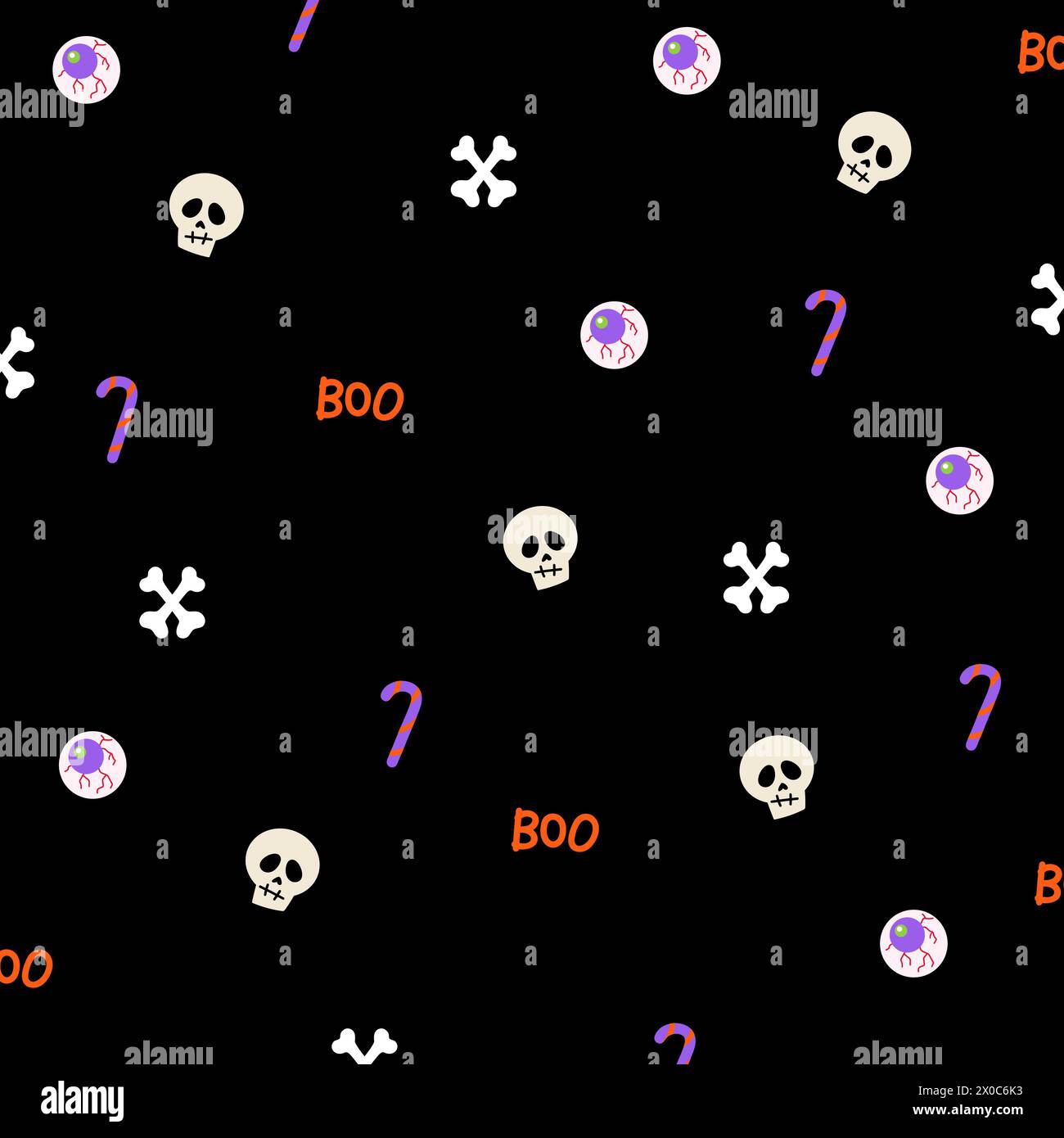 Illustrazioni di cranio, canna da zucchero, osso, occhio con vaso sanguigno su sfondo nero per Halloween, tessuto, costume, carta, modello di annuncio, sfondo Illustrazione Vettoriale