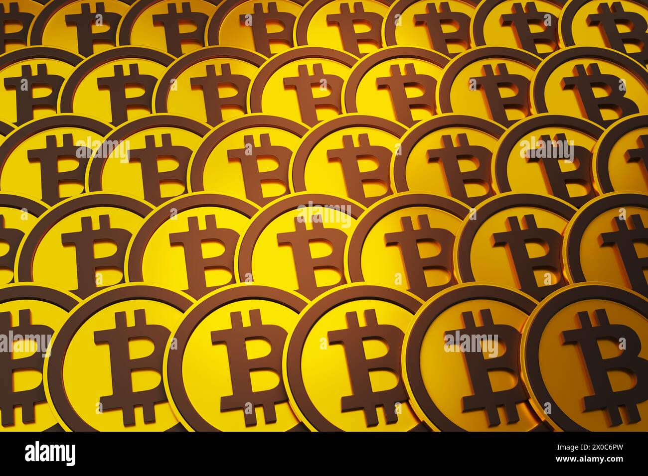 I bitcoin dorati ordinatamente disposti riga per fila riempivano completamente lo schermo. Illustrazione del concetto di bitcoin, criptovalute decentralizzate e blockchain Foto Stock