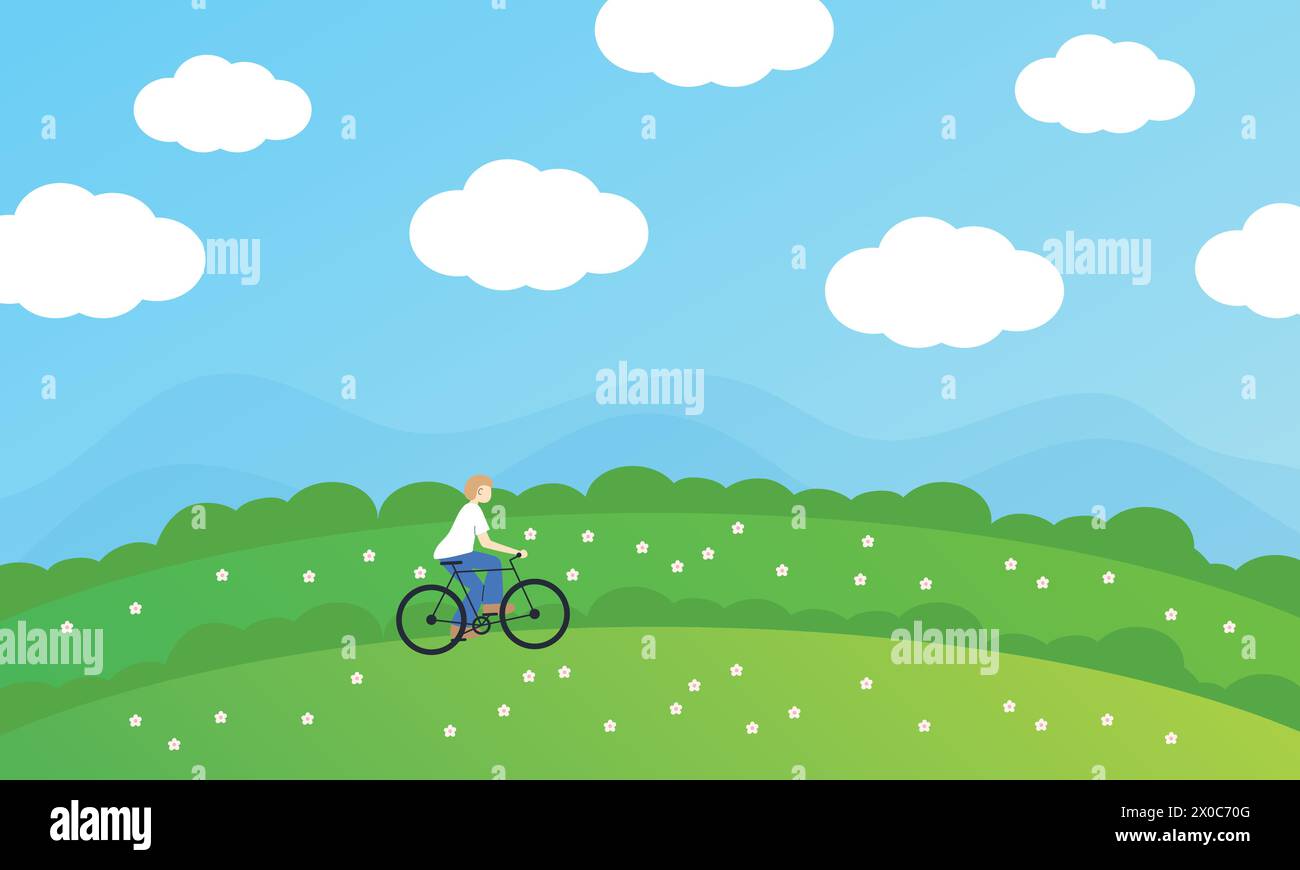 Nessun sfondo giornaliero per auto con bicicletta, erba verde, nuvola e cielo blu per carta da parati, banner, sfondo, modello, ambiente, terra, pace, social media Illustrazione Vettoriale