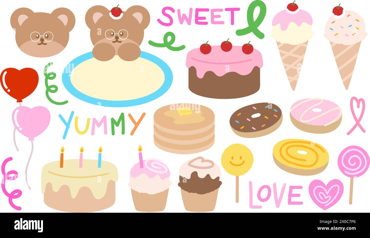 Illustrazioni di dolci e snack con orsacchiotto, torte di compleanno, cupcake, burro per pancake, ciambelle, palloncini cardiaci, gelato, caramelle Illustrazione Vettoriale