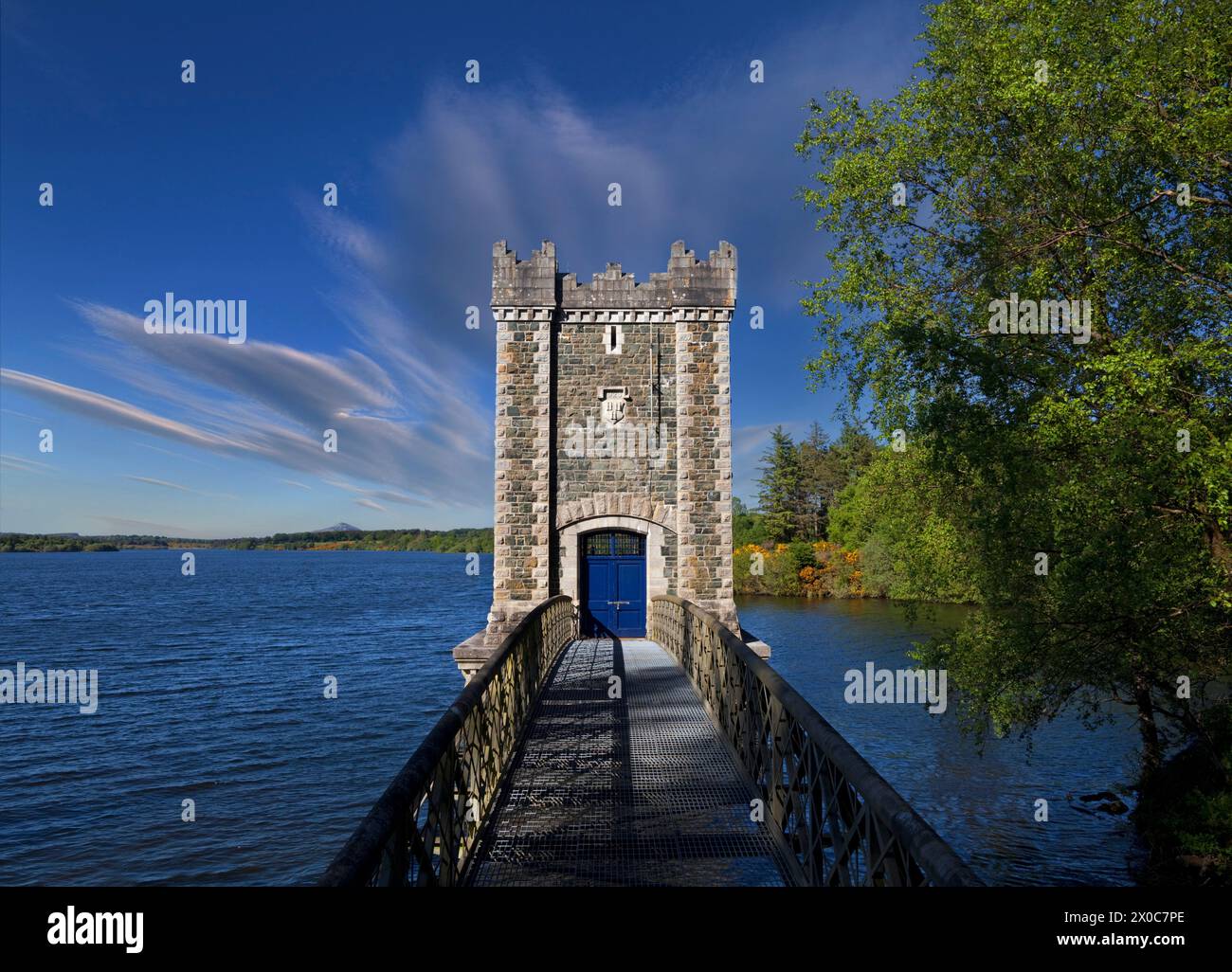 Il finto gotico, a forma di castellato, si estrae dalla torre sulla Vartry Reservoir, contea di Woicklow, Irlanda Foto Stock