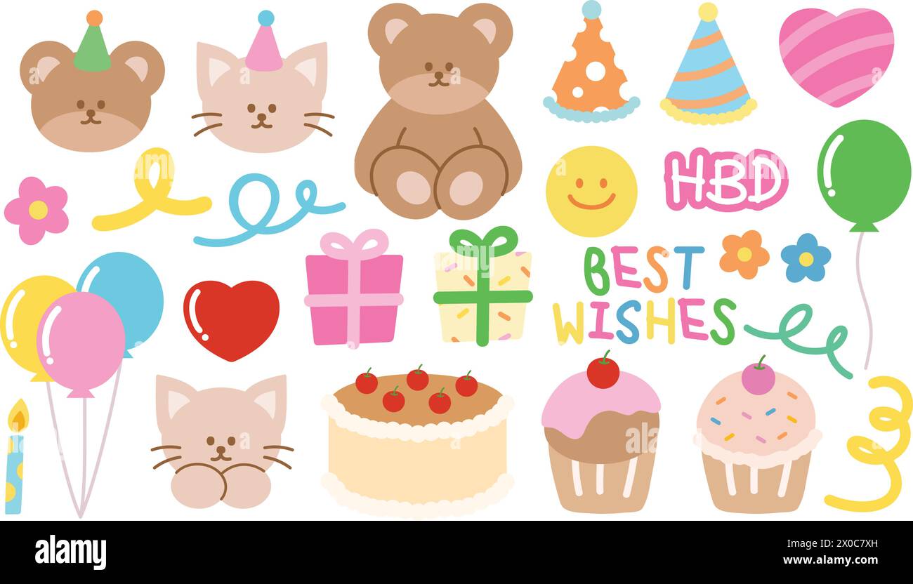 Illustrazioni di buon compleanno di orsacchiotto, cappello da festa, confezione regalo, torte, cupcake, icone di candele, palloncini, fiori e scarabocchi per biglietti di compleanno e adesivi Illustrazione Vettoriale