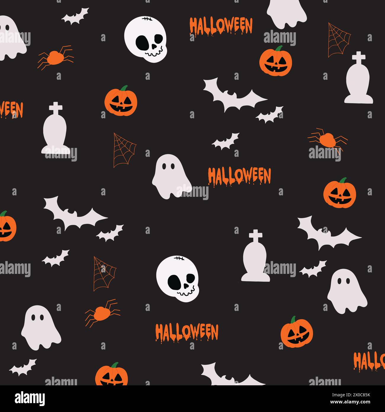 Illustrazione di elementi di Halloween con zucca, cranio, lapide, pipistrello, fantasma su sfondo nero per campagna, carta da parati, confezione regalo, confezione Illustrazione Vettoriale