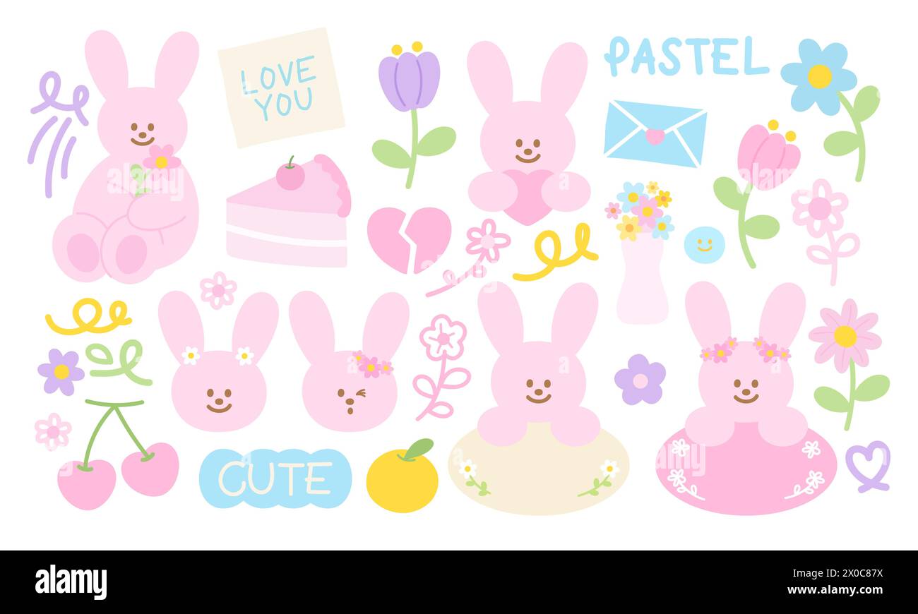 Illustrazioni pastello di coniglio rosa ed elementi estivi di fiori, arancio, ciliegia per pasqua, cartone animato, carattere, fumetto, mascotte, giocattolo, adesivo animale Illustrazione Vettoriale