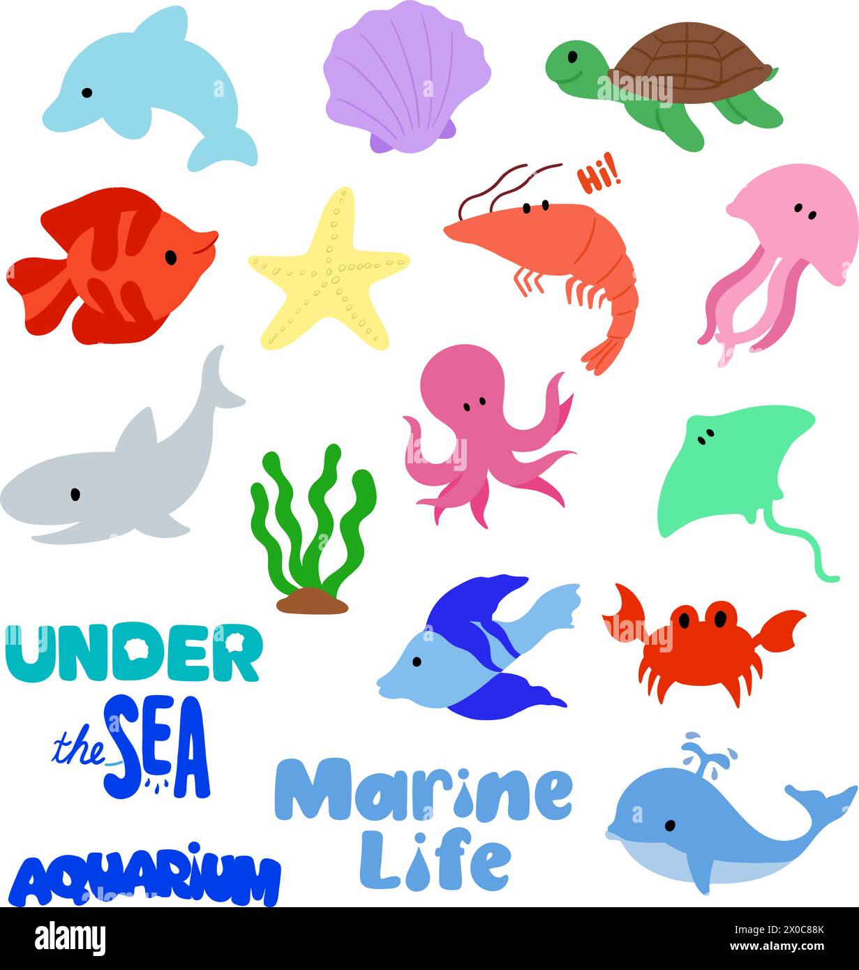 Vite marine disegnate a mano come squali, delfini, balene, tartarughe, gamberi, granchio, polpo, pastinaca, stelle marine, conchiglie di perle, meduse per la vita marina, icon Illustrazione Vettoriale
