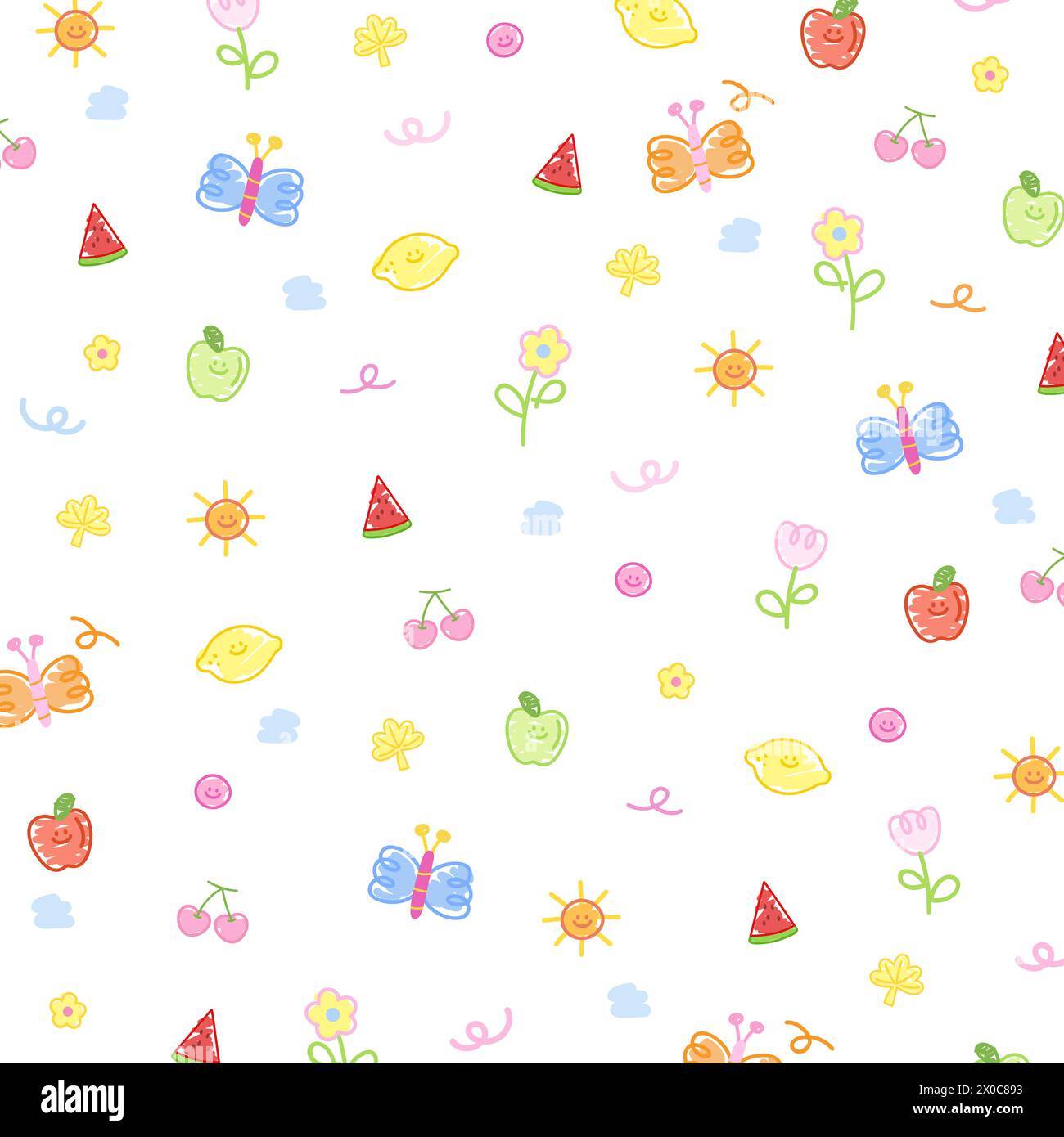 Disegno a doodle di farfalla, fiori, anguria, limone, mela, ciliegia e sole per l'estate, carta da parati, stampa in tessuto, fantasia di frutta, vestiti per bambini, picnic Illustrazione Vettoriale