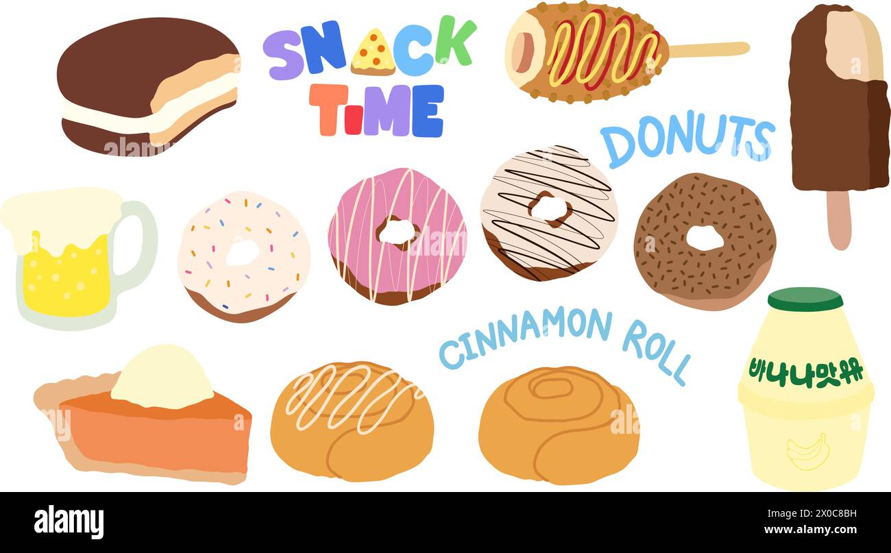 Snack disegnati a mano come torta al cioccolato, cane di mais coreano, ciambelle, torta di carote, involtino alla cannella, birra, latte alla banana, gelato per la spesa Illustrazione Vettoriale