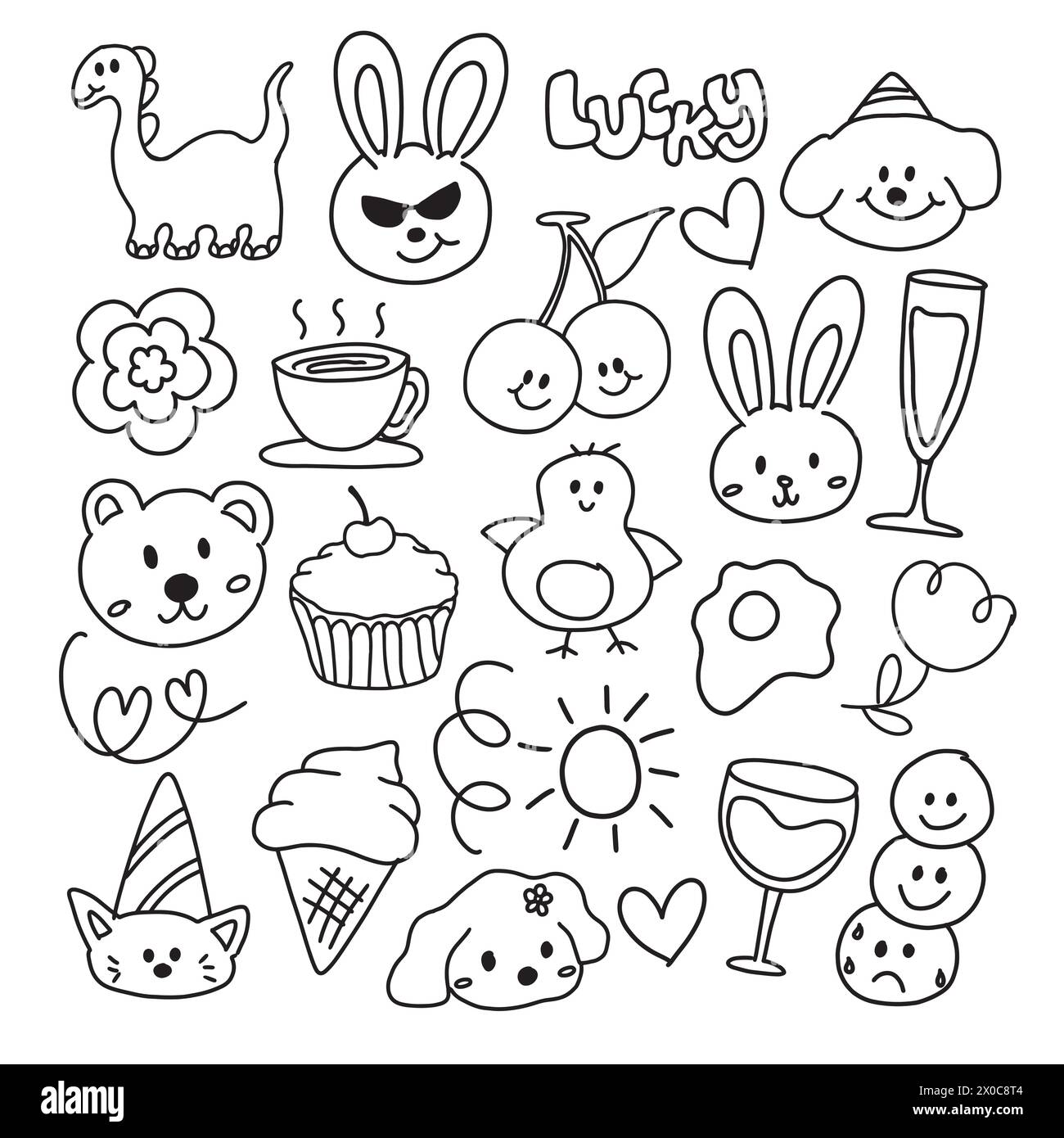 Linee carine disegnate a mano di dinosauro, coniglio, cucciolo, ciliegia, fiori, orsacchiotto, cupcake, gelato, uova fritte, champagne, sole per libro da colorare Illustrazione Vettoriale