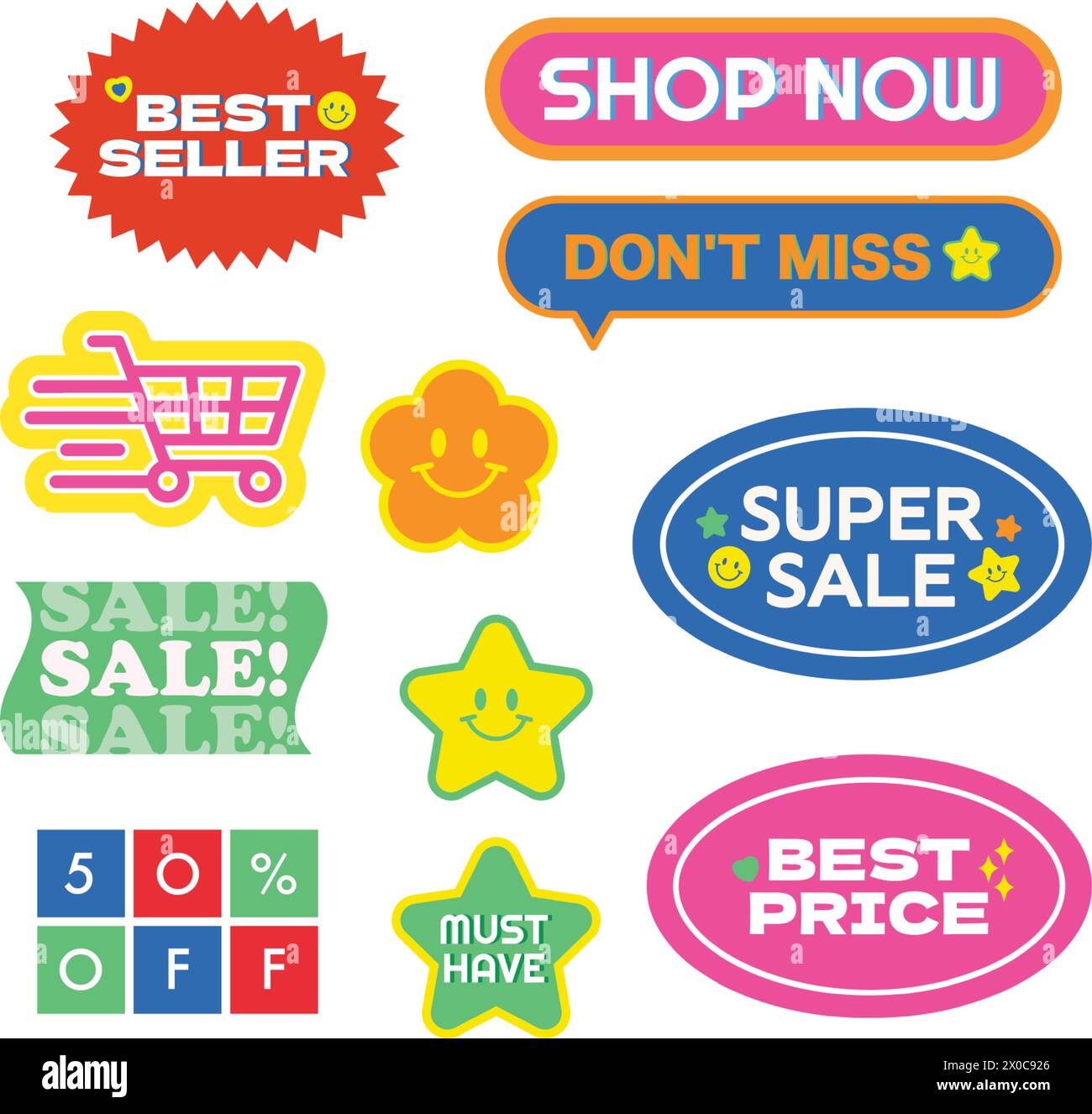 Illustrazione colorata di icone di vendita come BEST seller, acquista ora, non perdere, super-vendita, miglior prezzo, icona del carrello, metà prezzo, deve avere il segno di stella Illustrazione Vettoriale